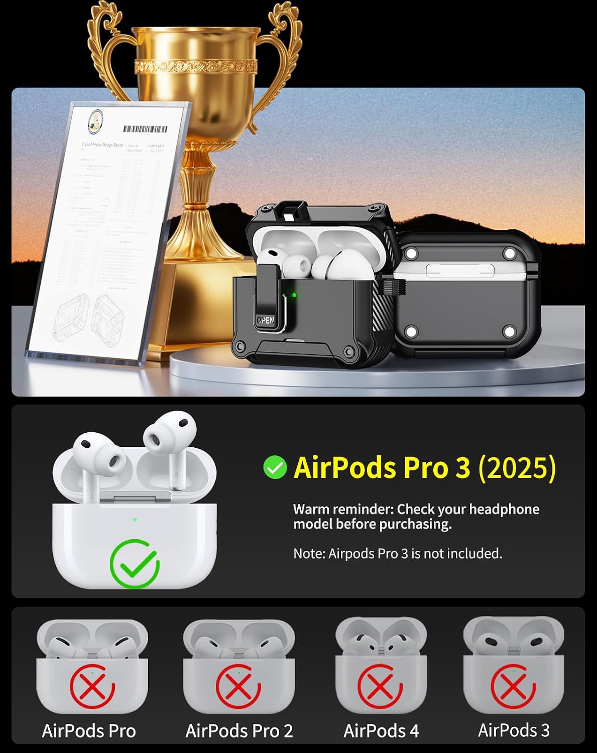 Pohgelan for AirPods Pro 3 Case with Safety Lock-Black | Magnetic Automatic Lock with Cleaning Kit&Keychain,Compatible with Magsafe