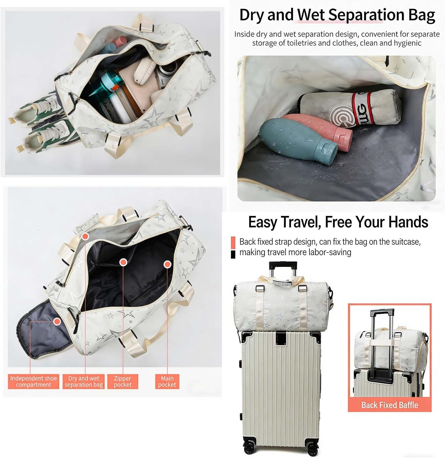Jupkem Star Pattern Sports Duffle Bag for Women Travel Gym Weekender Overnight Bags with Shoe Compartment and Wet Pocket (White)