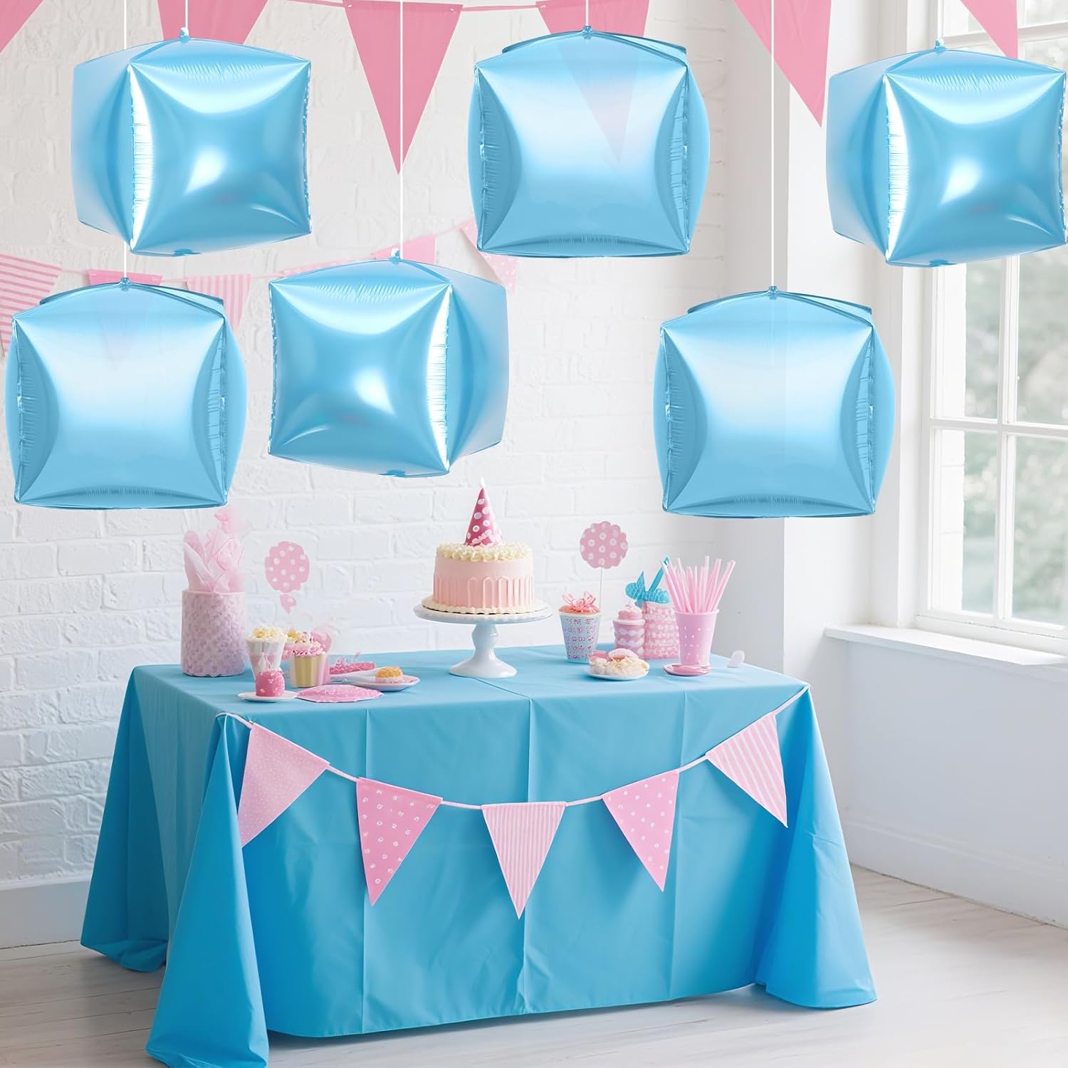 Blue Cube Ball Balloons, 6Pcs 22Inch 4D Square Aluminum Foil Balloons, Baby Blue Inflatable Cube Balloon for Birthday Anniversary Baby Shower Wedding Party Decorations