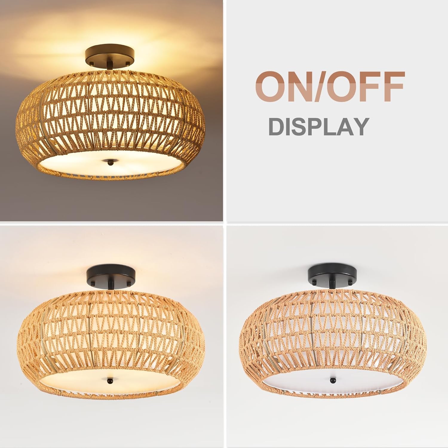 Boho Flush Mount Ceiling Light Fixture 17.8",3 Light Rattan Chandelier Light Fixture Woven Wicker Ceiling Light Fixtures Flush Mount for Hallway Bedroom Kitchen Entryway Living Room Island