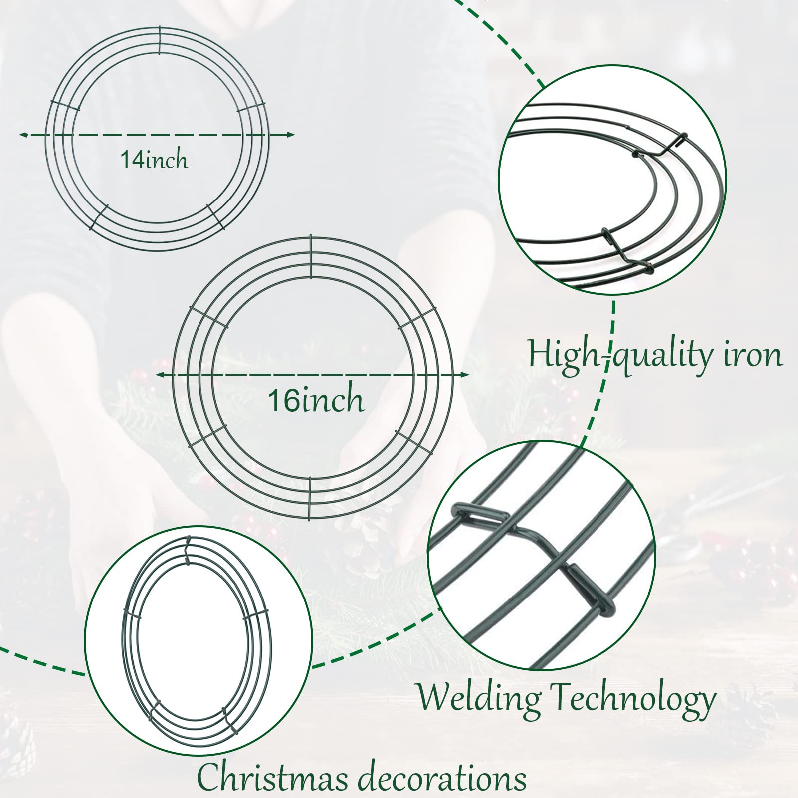 2 Pack Christmas Wire Wreath Rings 14 inch 16 inch Metal Wreath Frame,Large Green Round Wire Wreath Frame for Christmas Wreath Making Rings Base,Home Deco Supplies DIY Crafts Wedding Garland Ring
