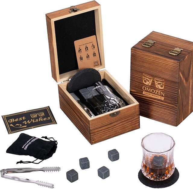 Whiskey Stones and Whisky Glass Gift Set for Men - 4 Whiskey Chilling Rocks - 1 Whiskey Scotch Bourbon Glass - Fathers Day Present for Him Boyfriend Dad Husband