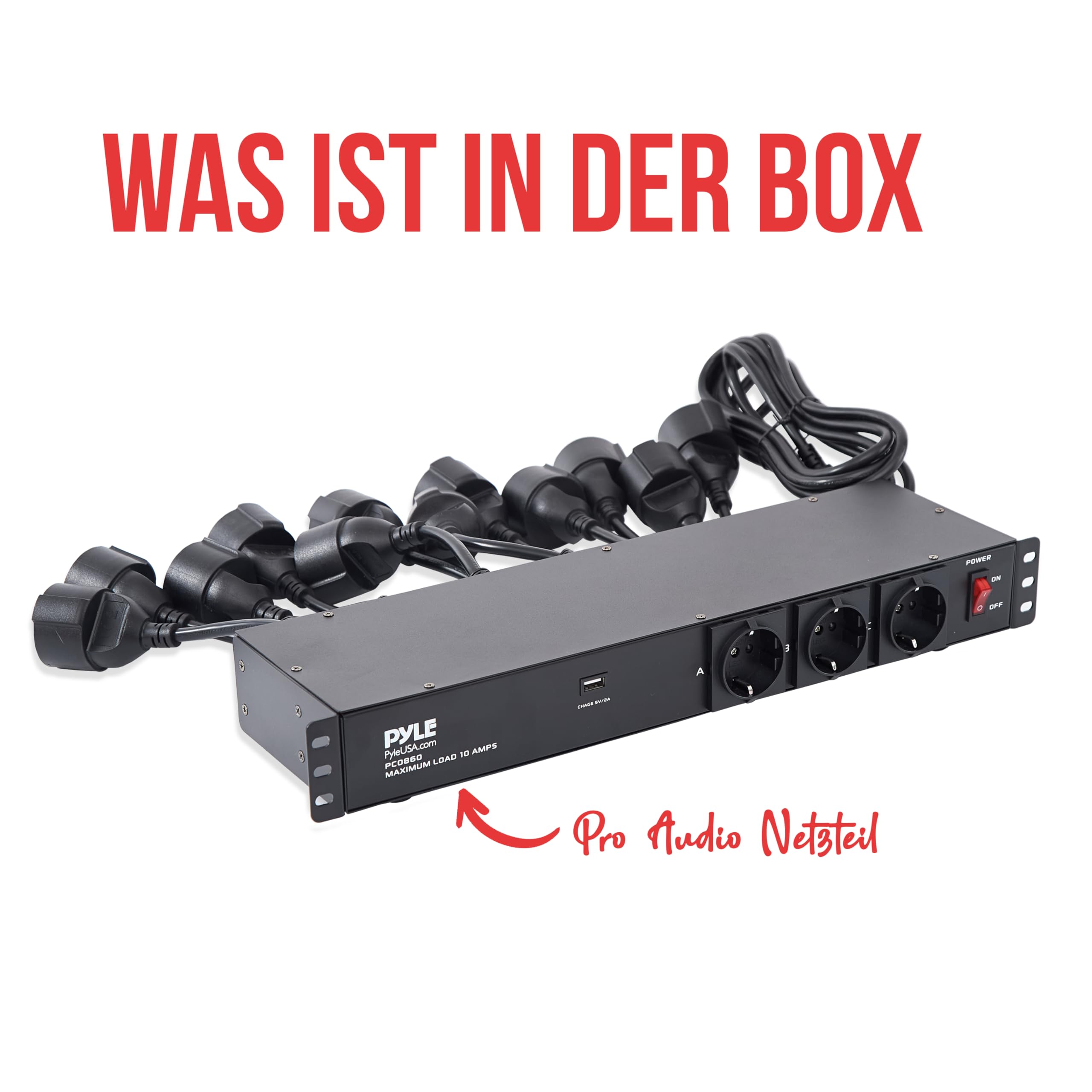 Pyle Steckdosenleiste, 15 Fach- Mehrfachsteckdose, 1U 19 Zoll Rack-Montage in Netzwerkschrank, USB Anschluss, 3,5m Kabel, Schaltbarer Verteilerleiste für Studio, Bühne, Werkstatt