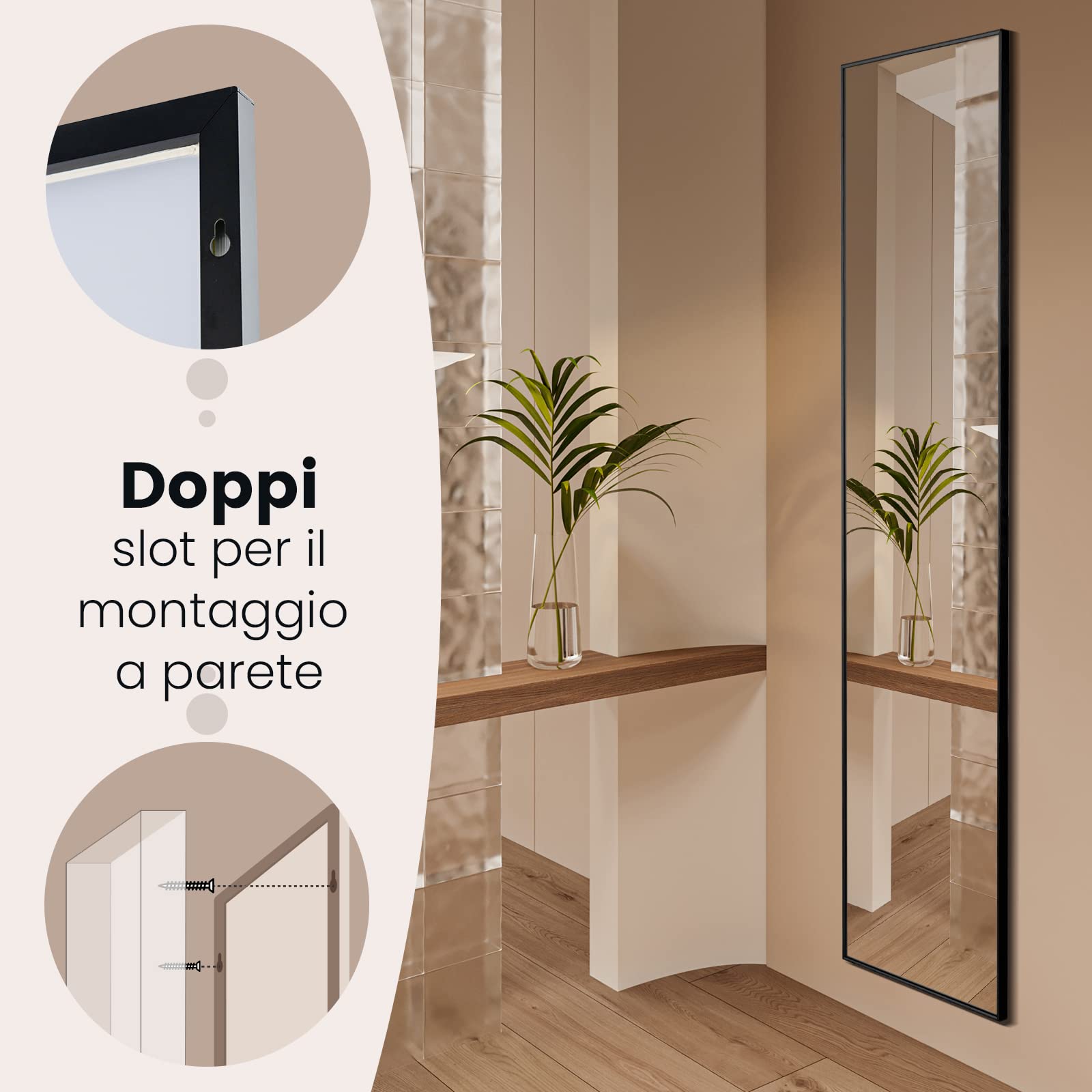 COSTWAY Specchio da Parete Lungo, Specchio da Terra Appendere con Cornice in Lega di Alluminio e Ganci, Per Camera da Letto e Soggiorno, 160 x 40 cm (Nero)