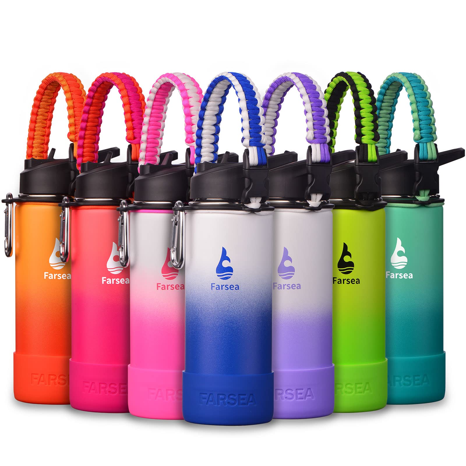 Farsea Insulated Water Bottle With Paracord Handle, Protective Silicone Boot and 2 Lids (Straw Lid & Spout Lid), Stainless Steel Water Bottle Wide Mouth, Double Wall Sweat-Proof BPA-Free, 18 oz