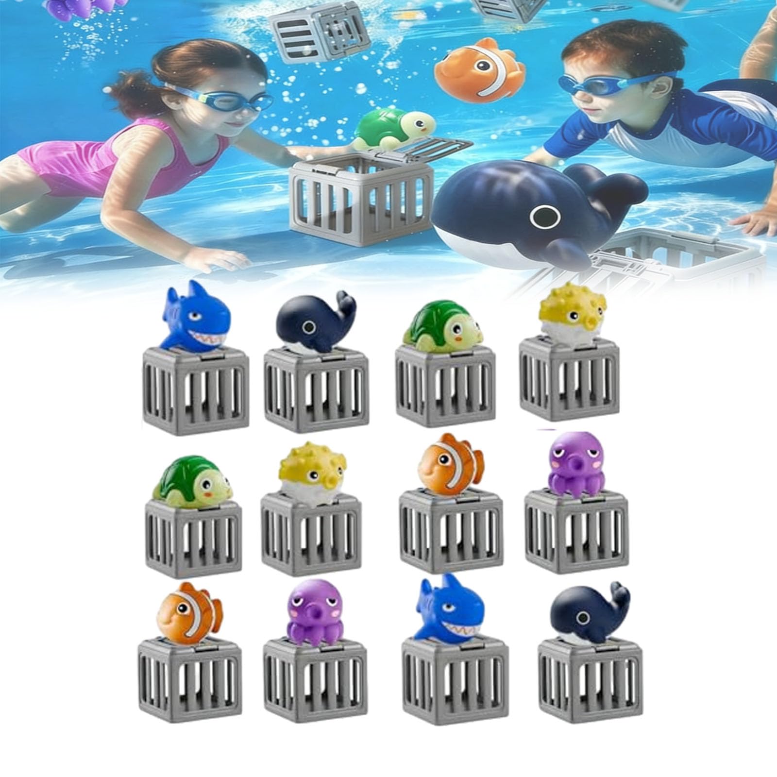 Pool Diving Toys for Kids, Sinkies for Kids Swimming with Floating Animals & Cages, Underwater Swimming Pool Toys & Bath Games, Summer Seek and Splash Pool Game Gift for Boys Girls (12Pcs)
