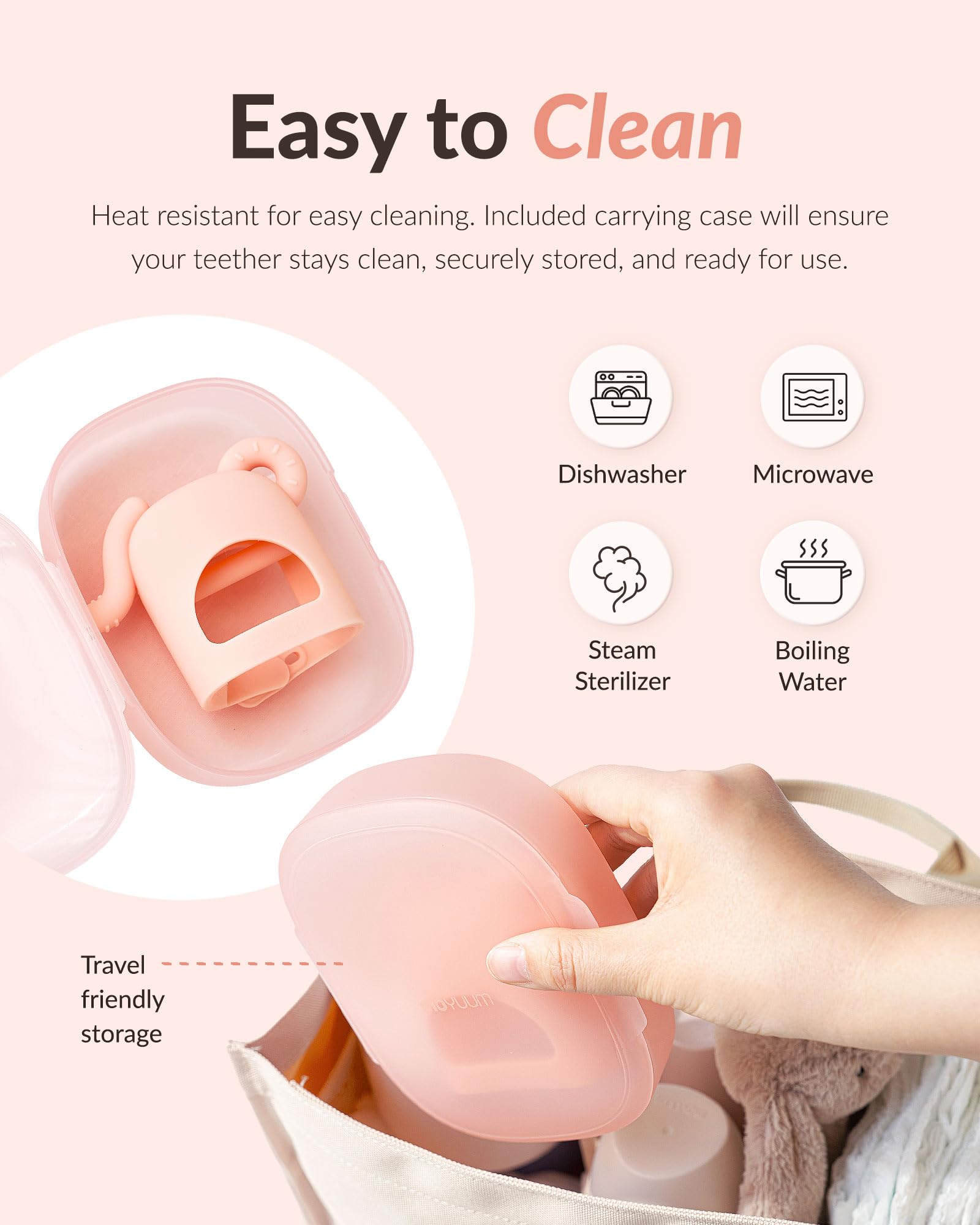 MOYUUM Mordedor de silicona con forma de elefante Moyuum | Hecho en Corea, alivia la dentición, es fácil de sujetar, resistente a caídas y con correa ajustable para la muñeca, para bebés de 3 meses o