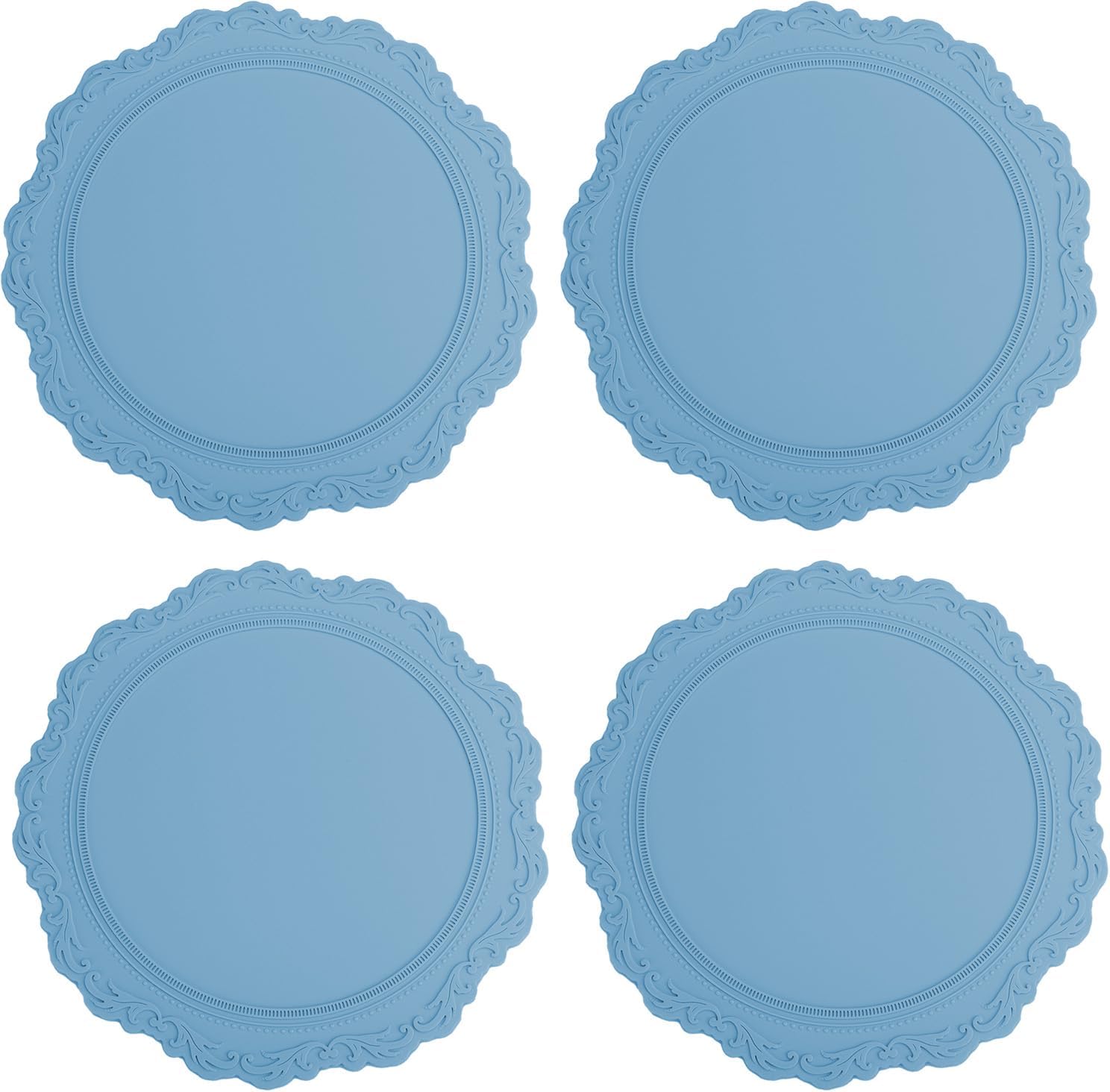 Round Silicon Placemats Set of 4, 13.38" Thick European Style Non-Slip Easy Clean Table Place Mats Decor, Blue