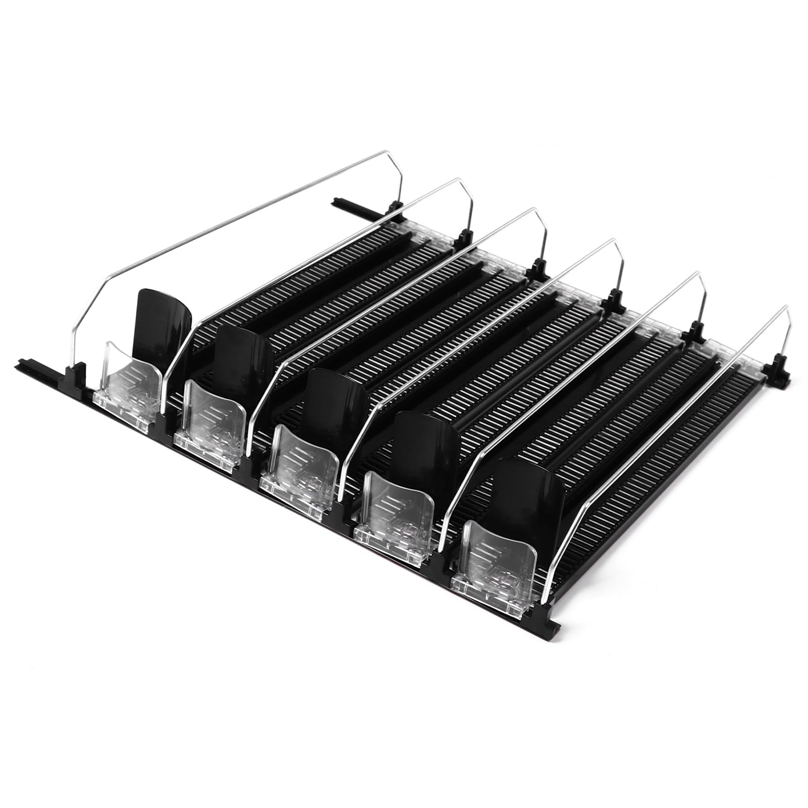 Dispensador de bebidas de refrigerador autocontrol, ajuste de ancho, refrescos a prueba de lluvia puede organizador de refrigerador, contiene latas y botellas, negro (5PCS)