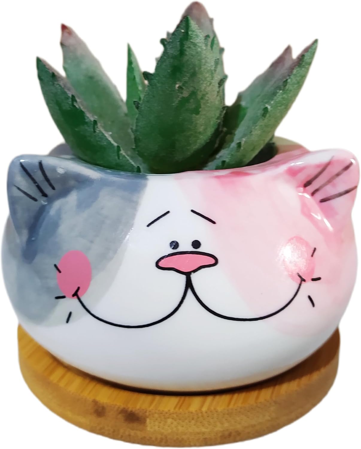 Cuteforyou Cute 3.5 Inches Indoor Cartoon Animal Cat Shaped Ceramic Succulent Cactus Flower Plant Pots with Bamboo Tray-Plant Not Included (6 Corlors)