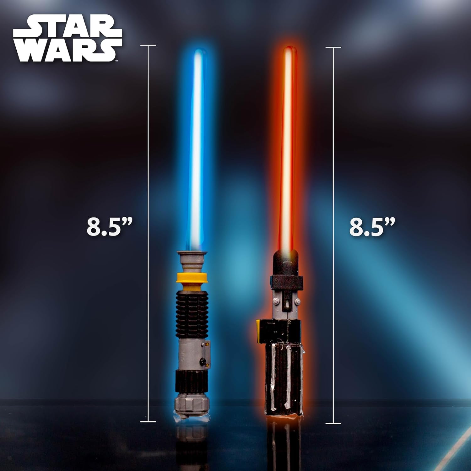 Two assembled lightsabers, one blue and one red, standing upright with their blades glowing, showing their 8.5 inch height