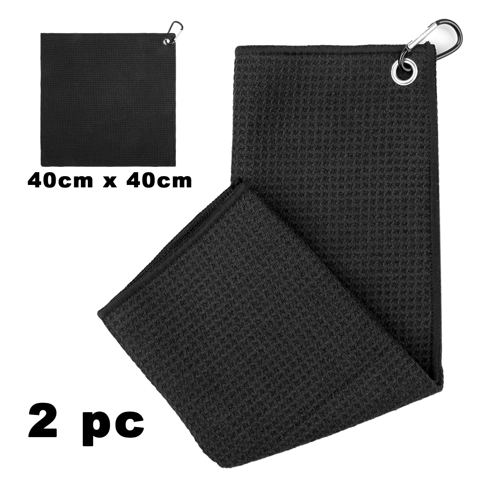 Asciugamano da Golf in Microfibra 2 Pezzi 40x40cm Nero con Moschettone
