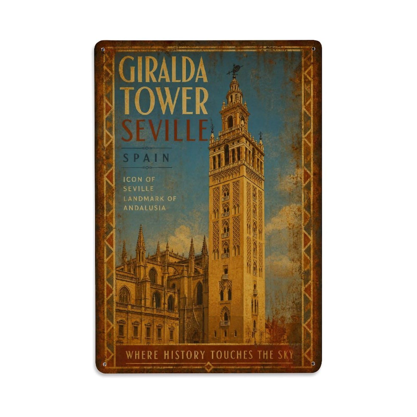 Huiyhb 8X12inch(20X30cm) Vintage Travel Giralda Tower Seville Cathedral Bell Tower Metal Tin Sign