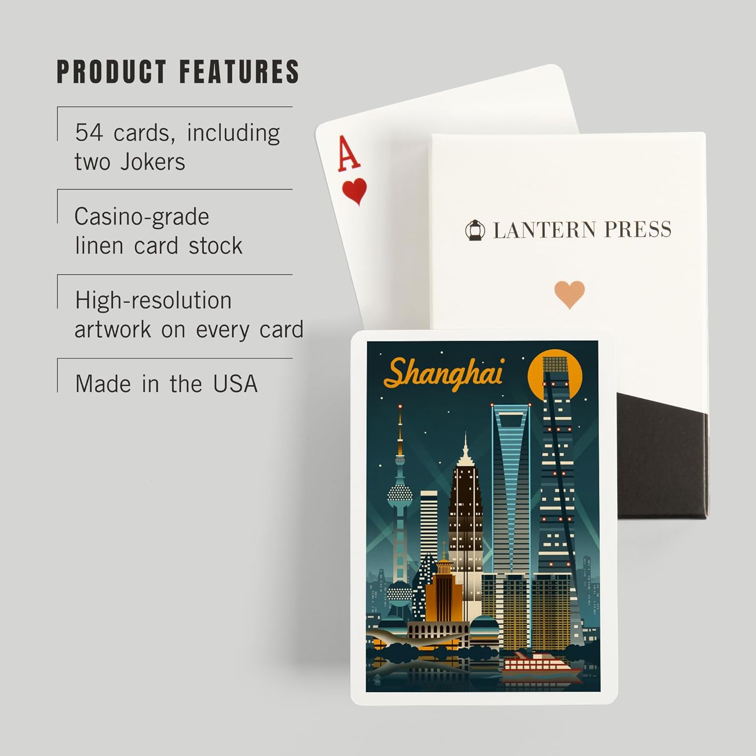 Lantern Press Shanghai, China, Retro Skyline, 52 Playing Cards for Adults, Poker Size Card Deck