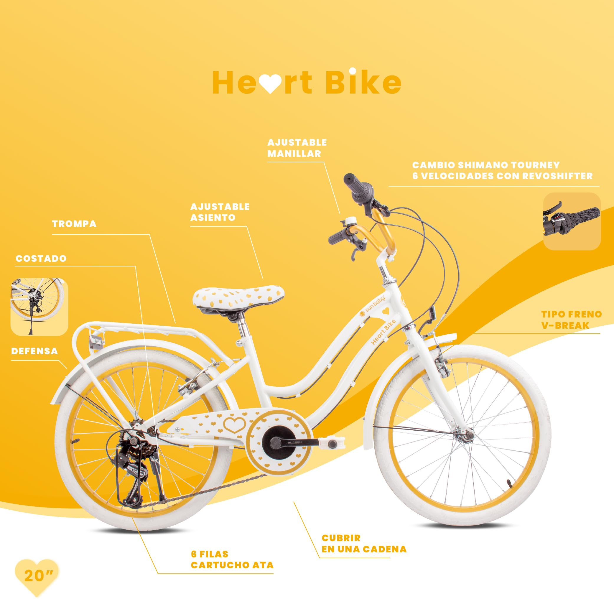 Bicicleta para niñas Heart Bike, tamaño de Rueda 20 Pulgadas, de 6 a 10 años, de 6 velocidades Shimano, de Altura Ajustable