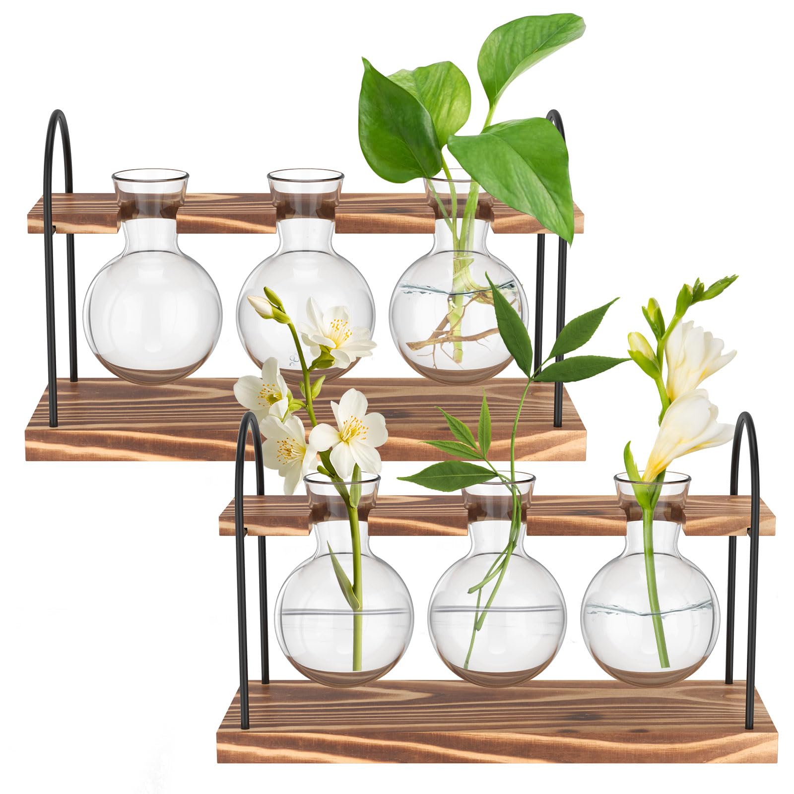 2 Set Terrarium with Wooden Stand, Tabletop Propagation Station, with Retro Glass Bulb, Desktop Glass Plant Terrarium Bulb, Vase Hydroponic Plants, Cuttings Home Decor for Office