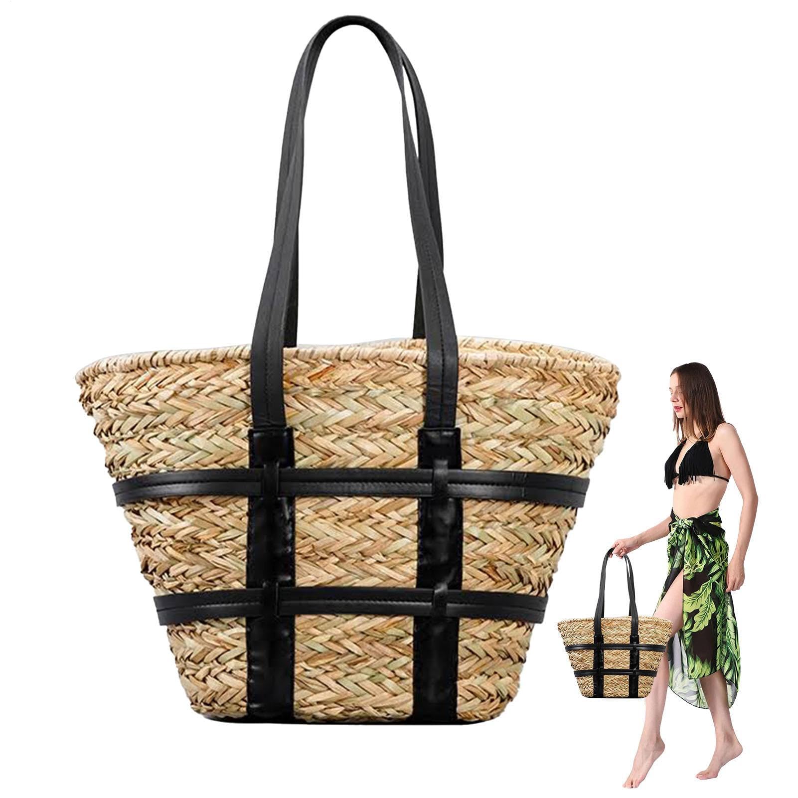 Słomiana Torba Shopper Duża retro ręcznie pleciona torba na ramię | Słoma Dla Kobiet Dziewczyn Przyjaciółek Plaża Zakupy Kemping Wesele Spotkanie Outdoor