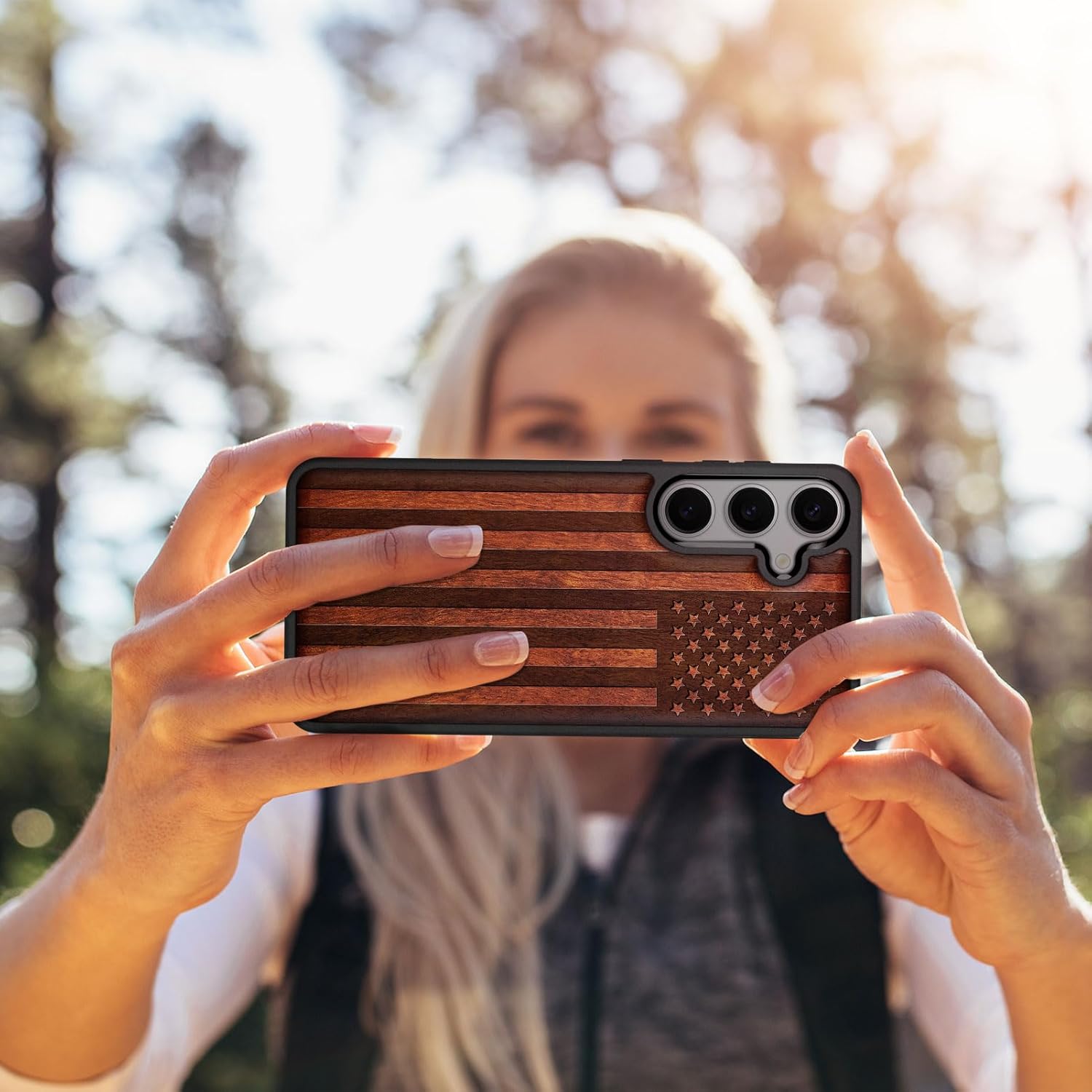 Carveit Wood Case for Galaxy S25 Case 2025 [Natural Wood & Black Soft TPU] Shockproof Protective Cover Unique Wooden Design Compatible with Samsung S25 (American Flag-Rosy)