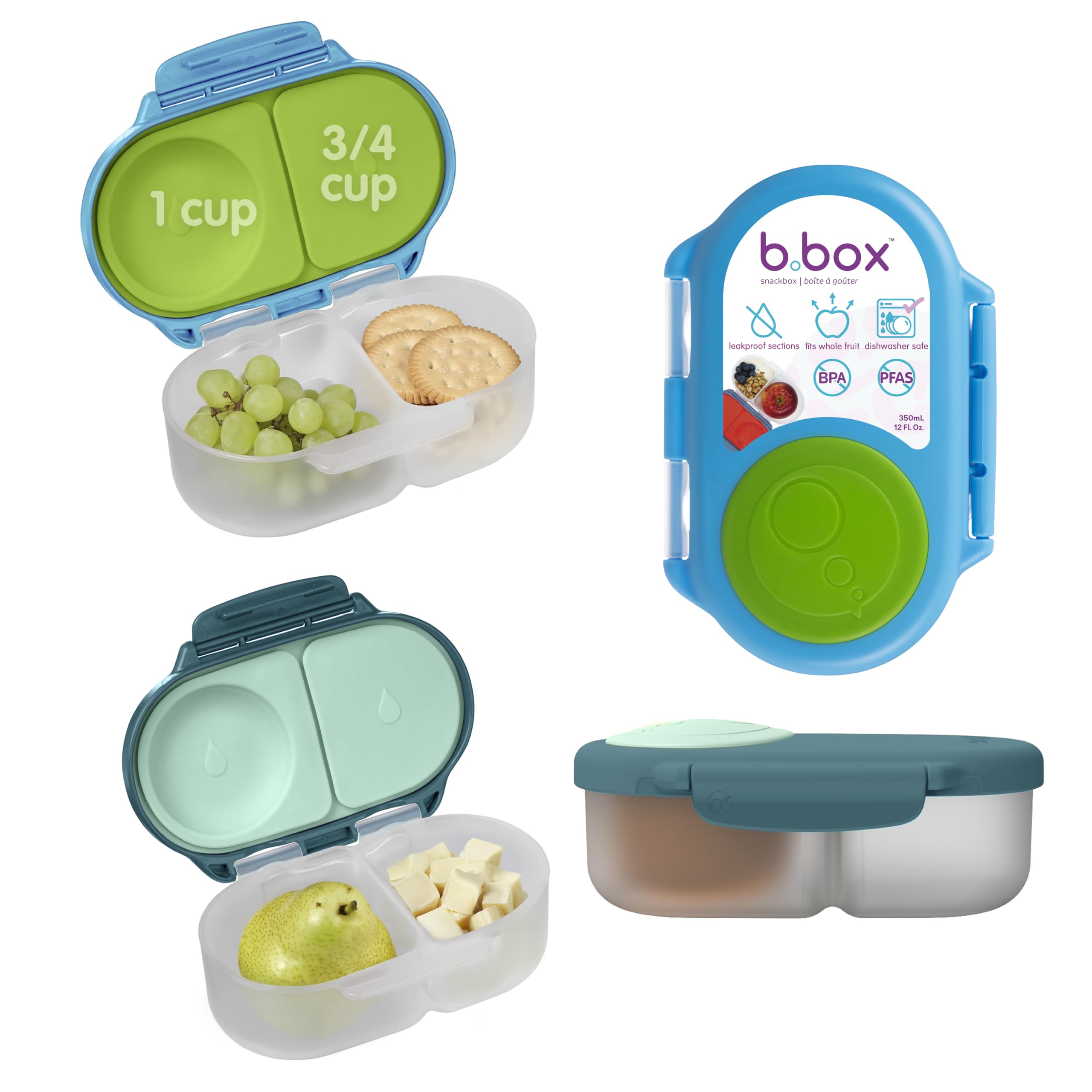 B.Box Portamerenda Bento Confezione Da 2, Contenitore Alimentare A Doppio Scomparto A Prova Di Perdite Con Coperchio, Ideale Per Pranzi E Merende, Superficie Espandibile, Set Da 2, Blu/Verde-image
