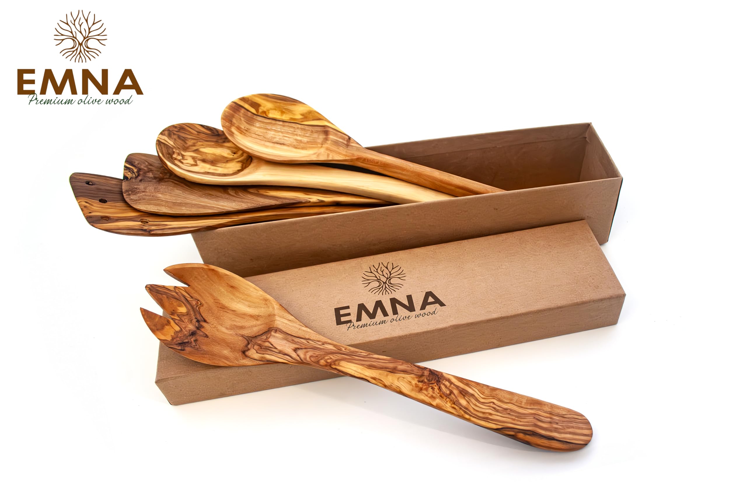 EMNA - 5-teiliges Olivenholz Küchenset | Das perfekte Geschenk für anspruchsvolle Feinschmecker | Geschenkset | Hauch von Eleganz für den kulinarischen Genießer | Handgefertigt | besondere Kochmomente