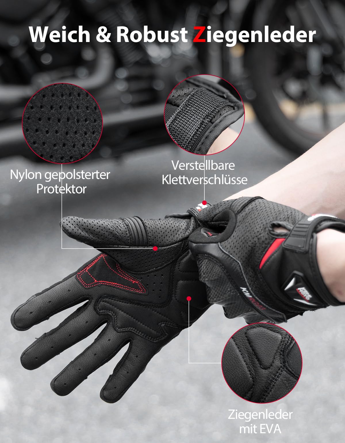 KEMIMOTO Męskie rękawice motocyklowe, pełne palce, kozia skóra z antypoślizgowymi podkładkami, skórzane rękawice motocyklowe do obsługi ekranów dotykowych, zimowe rękawice ochronne do motocrossu