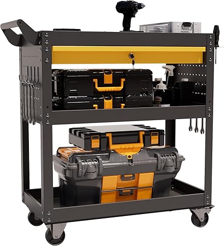 Carrito de herramientas rodante de 3 niveles con ruedas con cajón y tablero de clavijas, capacidad de 420 libras, carrito organizador de