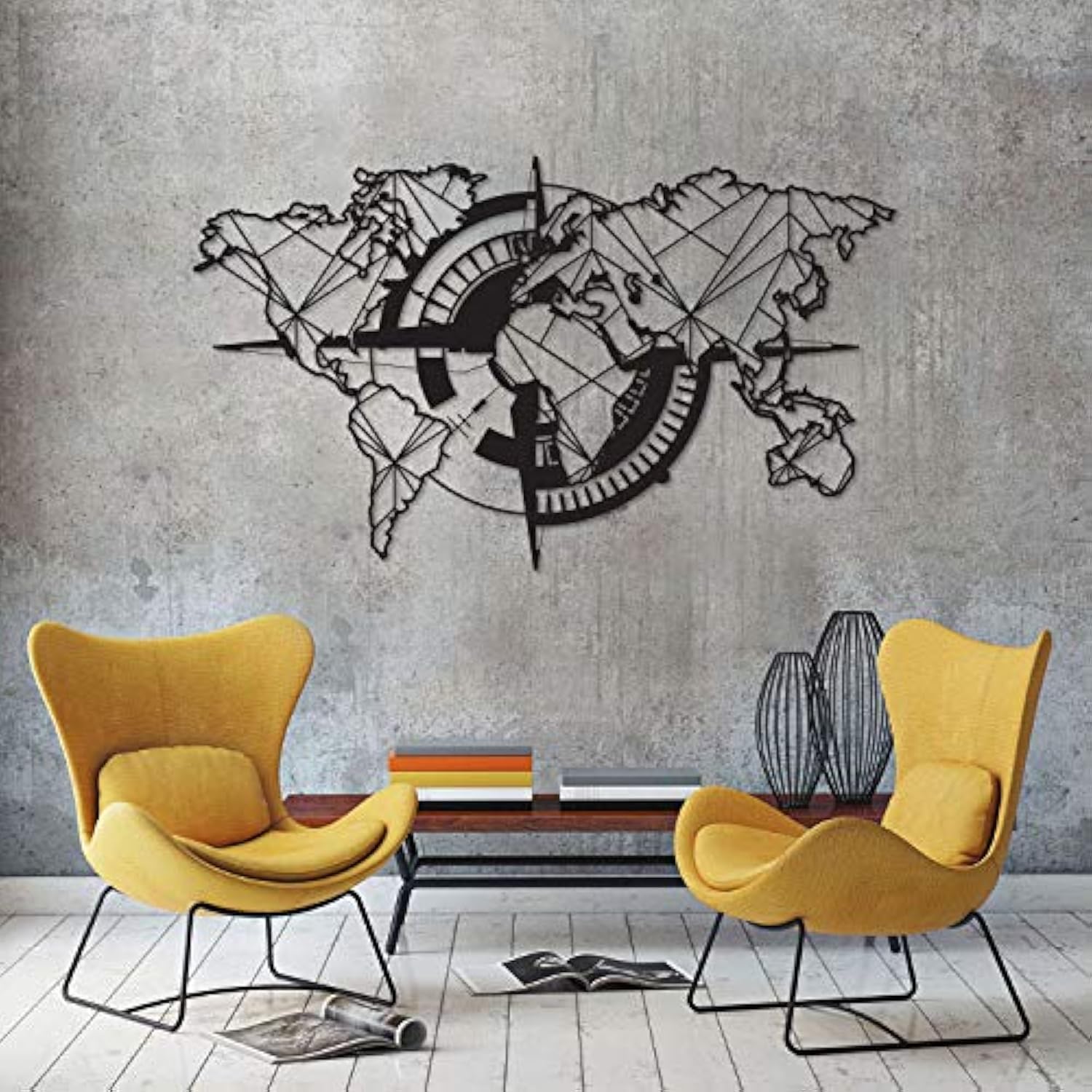 Tubibu - Arte de pared moderno, mapa del mundo metálico, 100% metal, 99 x 55 cm, negro