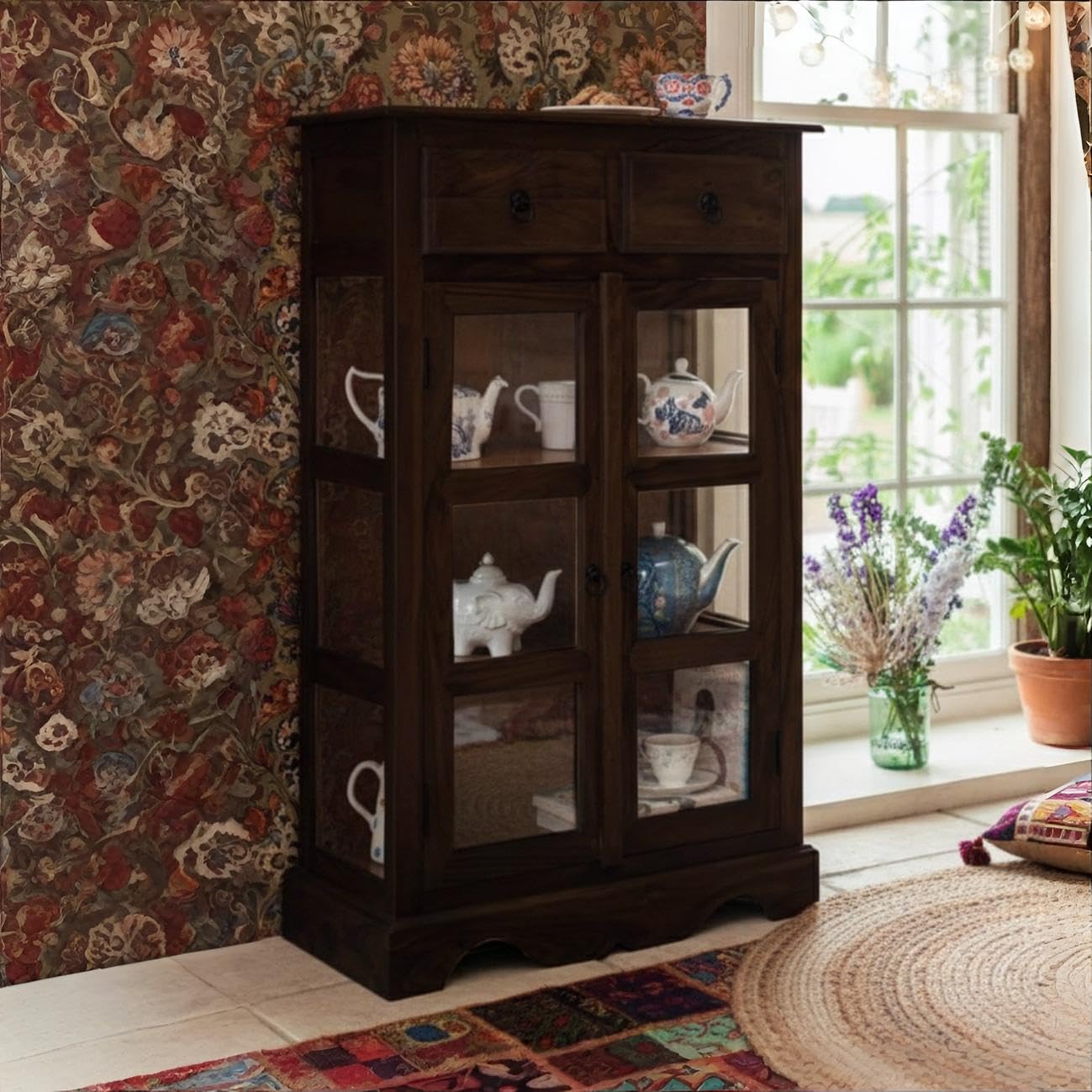 Solid Sheesham Kitchen Medium Storage Crockery Cabinet in Walnut Finish, Semi Gloss, 75x35x120CM