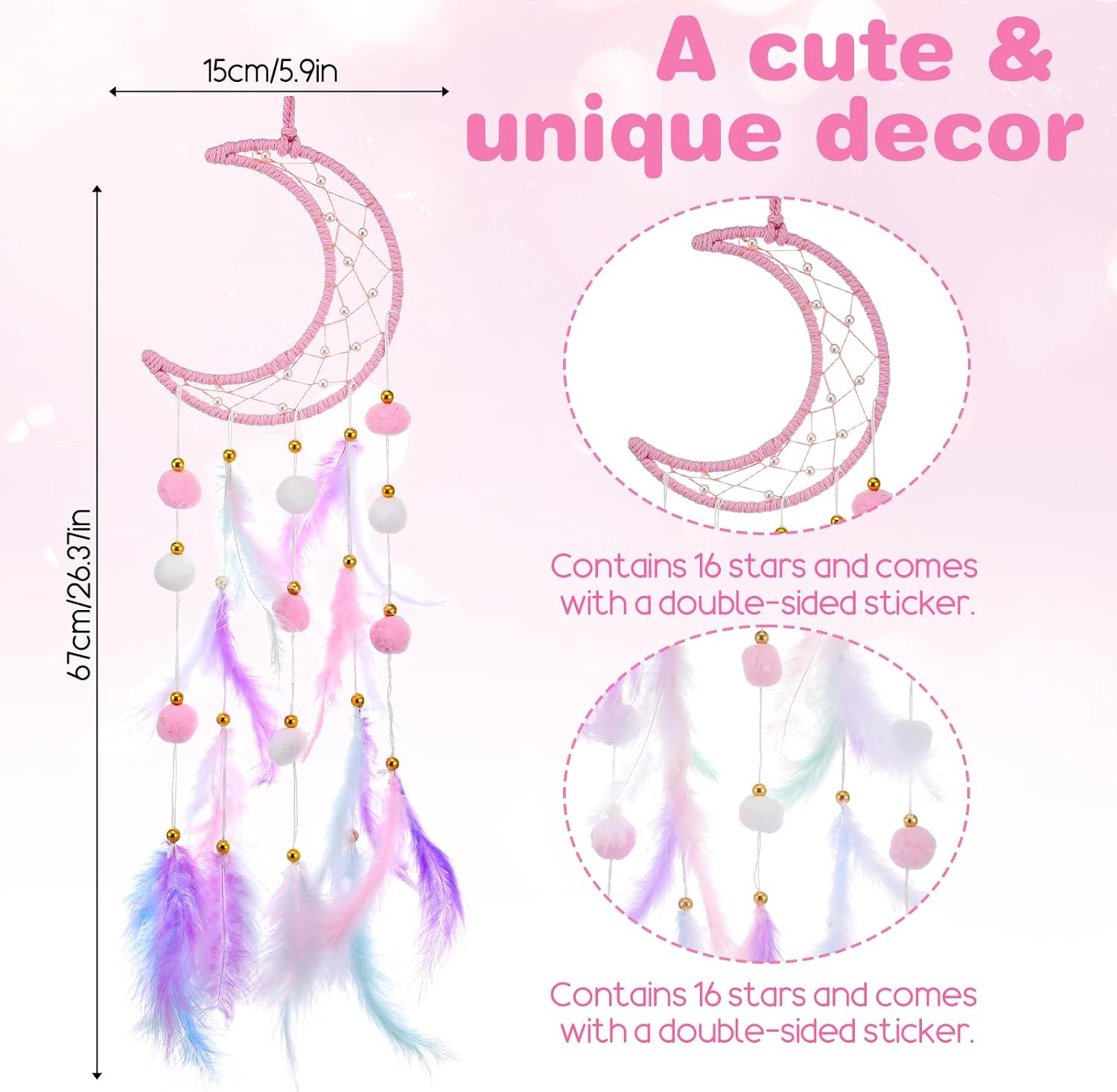 ElevateTech Pink Dream Catcher Wall Hanging Set, 2 Pcs Moon Star Pompom Feather Dreamcatcher Wall Decor Handmade Dream Catchers Boho Room Decor for Bedroom, Nursery Walls Art Birthday Gifts
