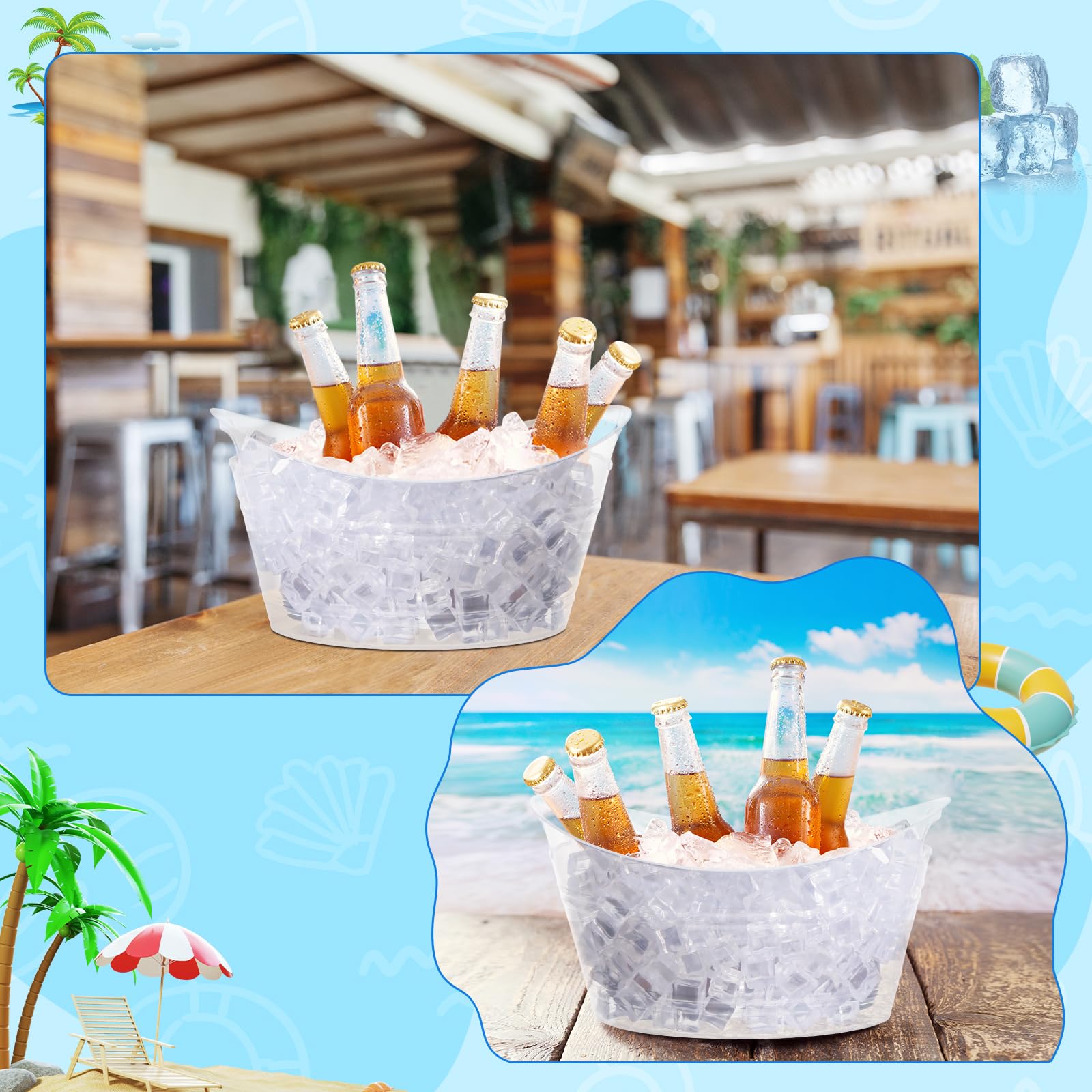 Patelai 6 cubos de hielo a granel, cubos de hielo de plástico con asas, cubeta de almacenamiento ovalada, tina de bebida de hielo de gran capacidad para fiestas, bares, vino, cerveza, champán, bebidas