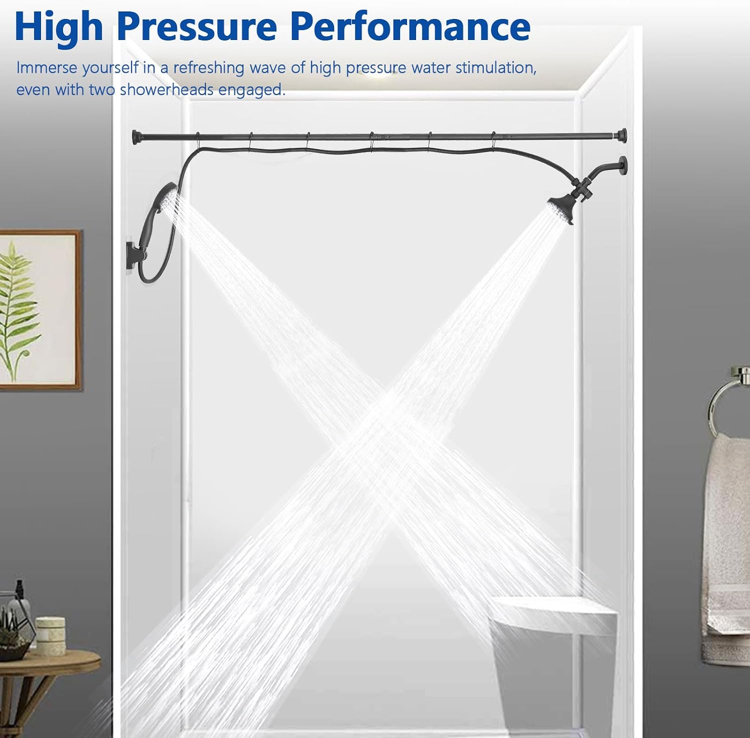 Double Shower Head for Couple, High Pressure Dual Showerhead, Adjustable Height Shower Rod, 5-Setting Handheld Shower Head, 5-Setting Handheld Shower Head, Matte Black