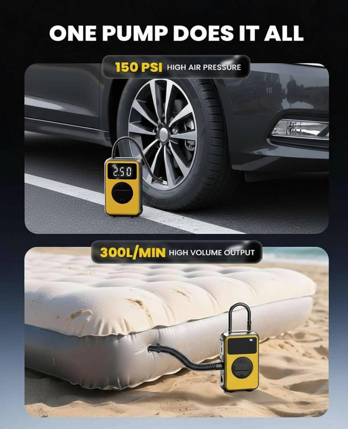 Tire Inflator Portable Air Compressor Cordless with Pressure Gauge and Auto Shut-Off Function, 2-in-1 Air Pump - 150 PSI for Car Bike Tires & 4.0 kPa for Air Mattresses and Inflatables - Image 3