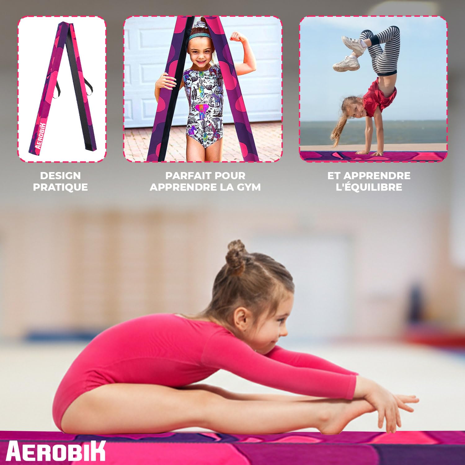 Aerobik | Poutre de Gymnastique Pliable 240 cm Violette | Stable, Antidérapante et Lavable | Enfants & Adultes | Ruban de Gymnastique Offert pour Un entraînement Complet | Original Corner