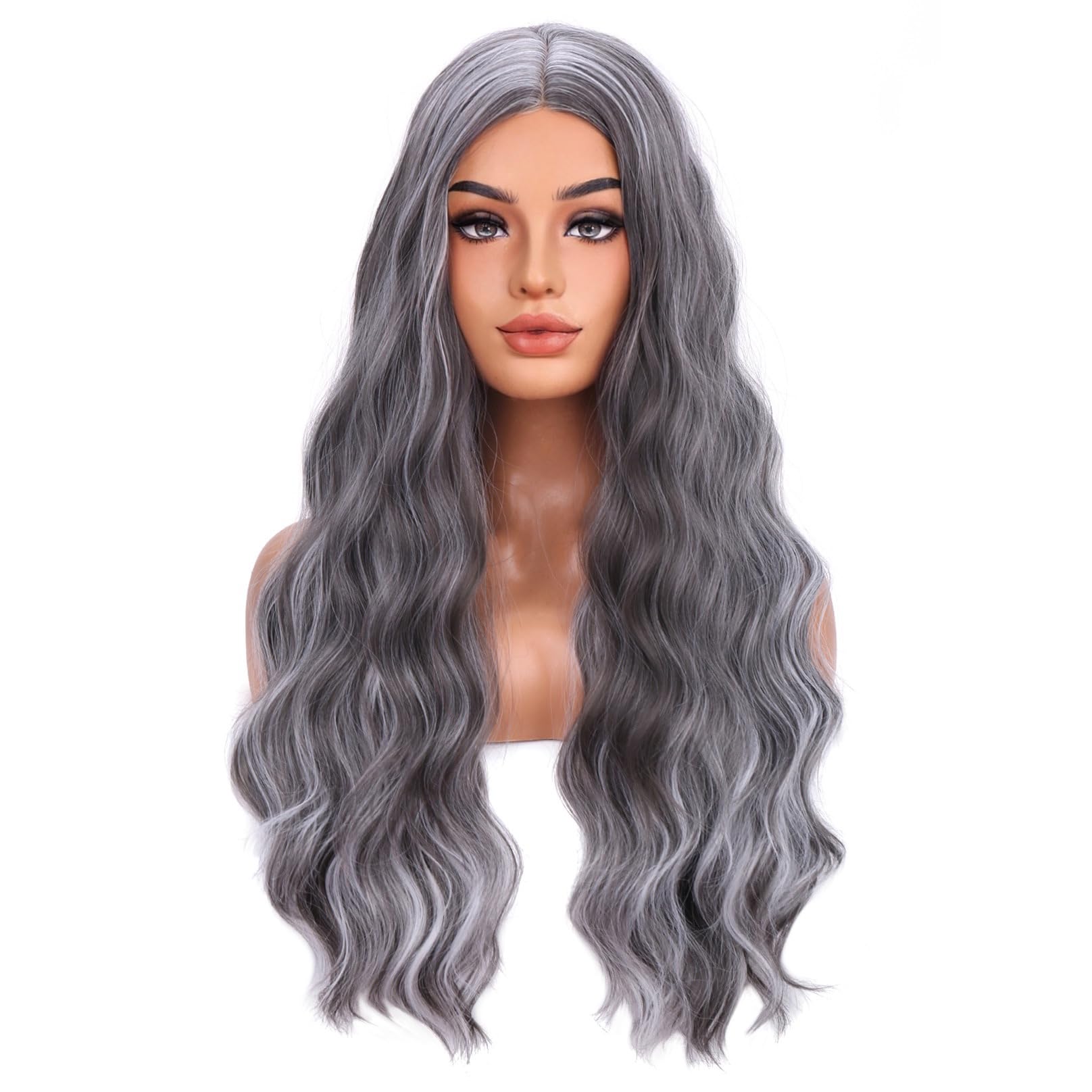 BERON RON Silver Grey Wigs for Women Long Curly Wavy Hair Wig for Girls Gray Mixed Color Middle Part Heat Resistant Synthetic Hair Wigs for Daily Use