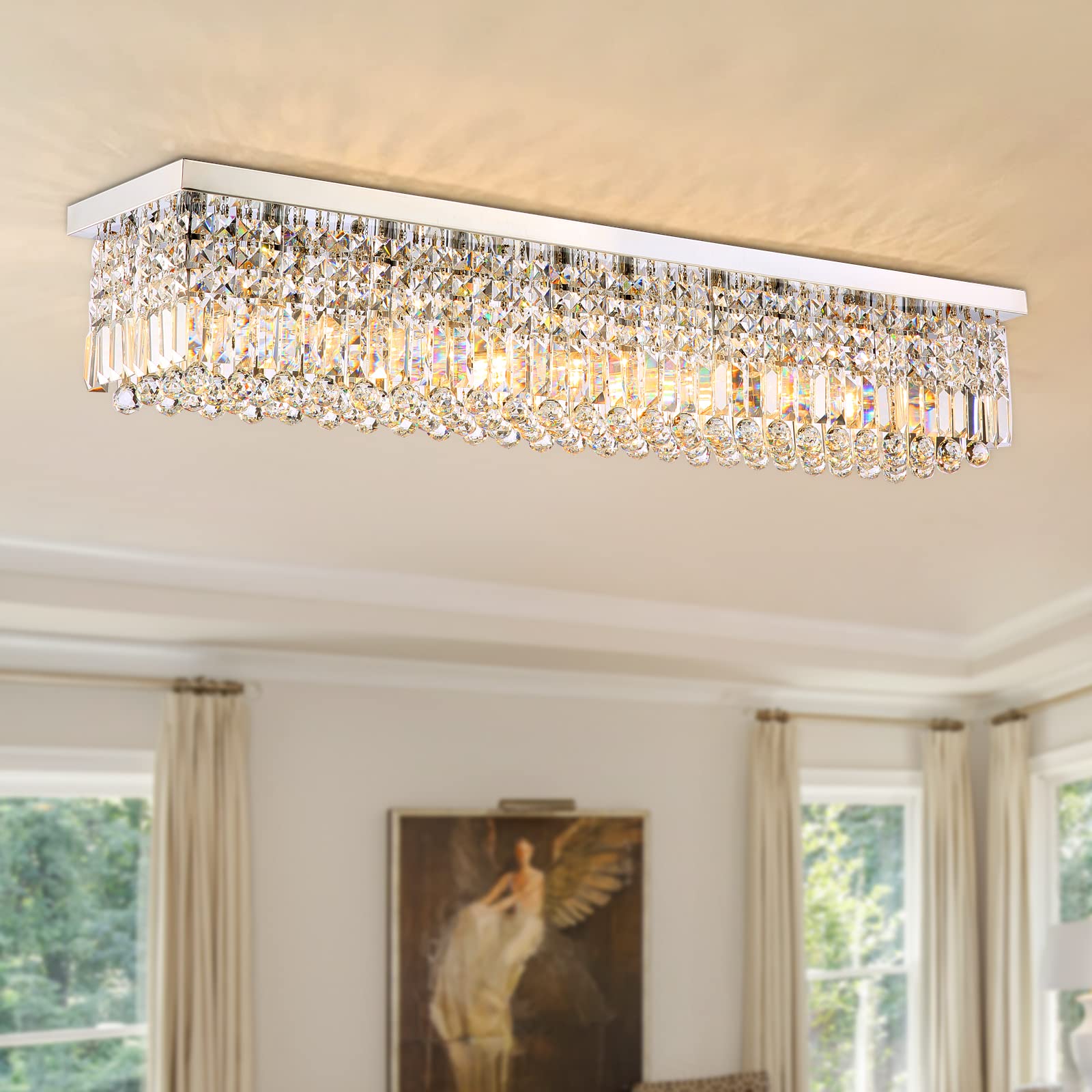 Siljoy Modern Crystal Chandelier 10-Lights Rectangular Flush Mount