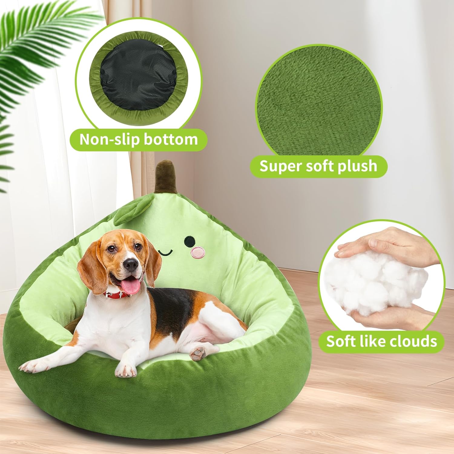 review Dog Bed Pet Bed, Cute Calming Dog Bed & Cat Bed, Indoor Washable Dog Bed, Plush Anti-Anxiety Pet Bed for Small Medium Dog & Cat, Non-Slip Bottom, Green, 23