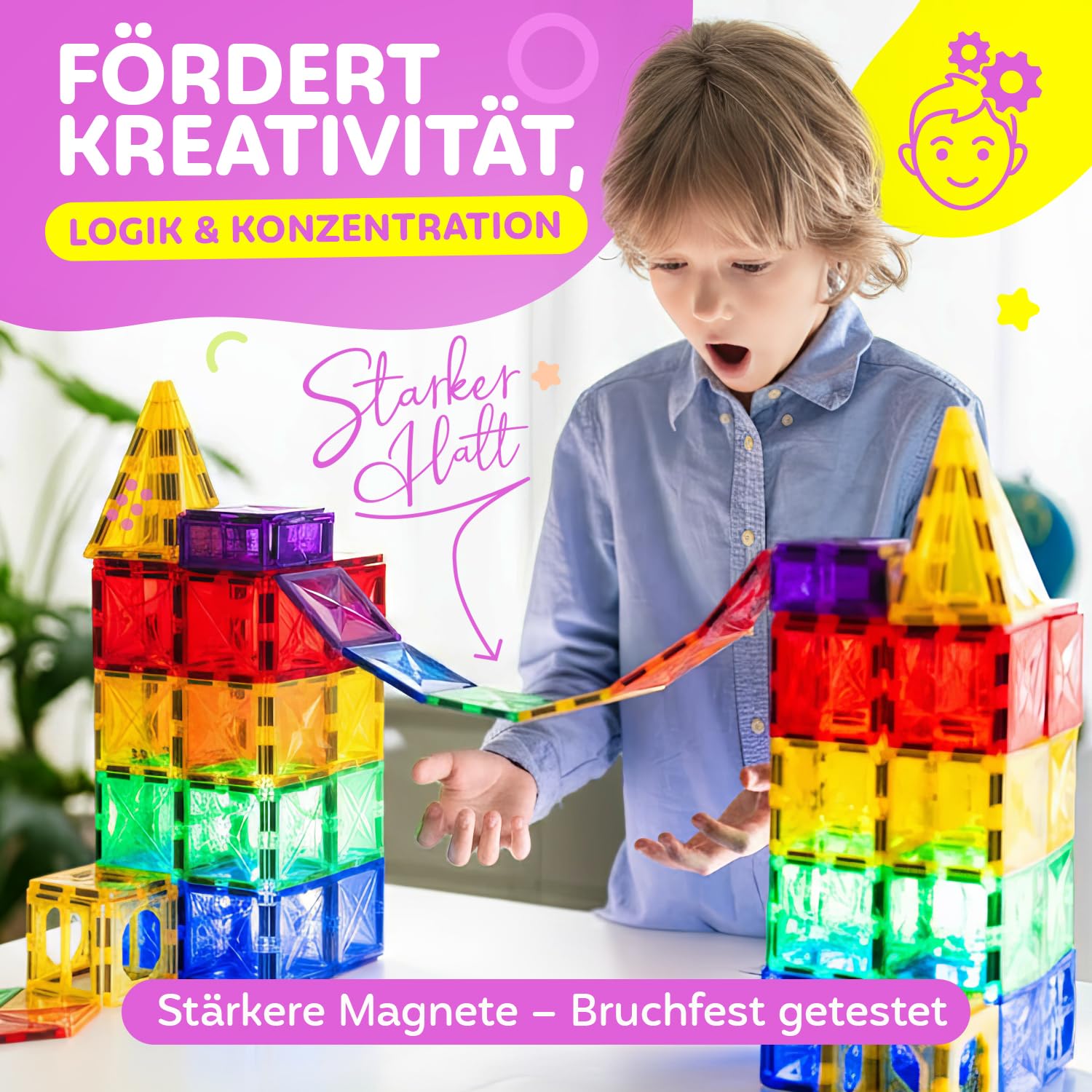 Magnetische Bausteine 120 teilig mit 2 Autos - Magnetbausteine für Kinder ab 3 Jahren - Pädagogisches Magnetspielzeug