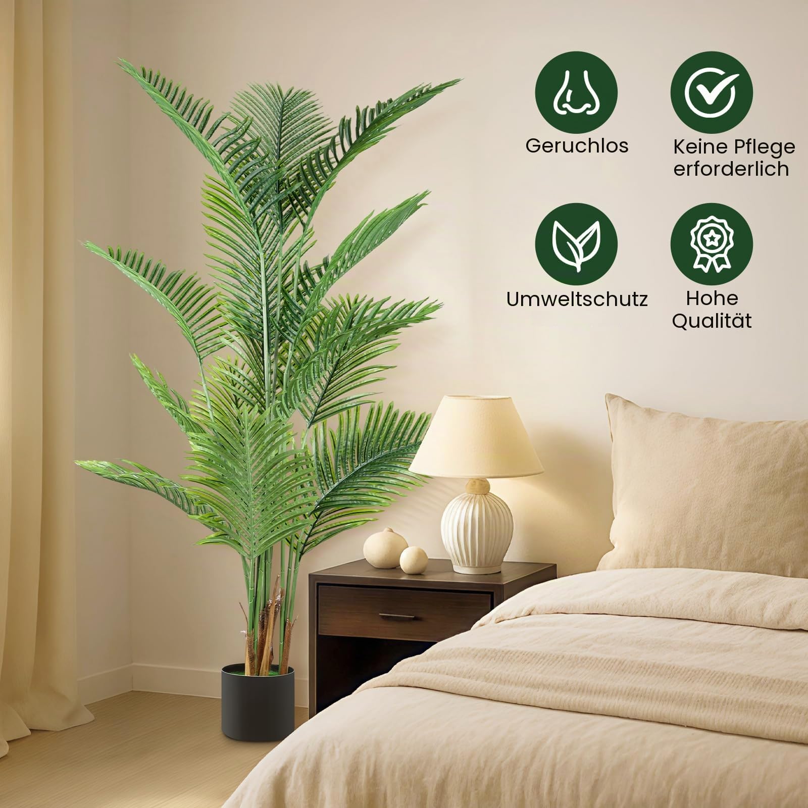 Hohe künstliche Palme für Innenräume – Lebensechter Areca-Baum mit realistischen grünen Blättern; große künstliche Tropenpflanze im schwarzen Topf für Zuhause, Büro, Wohnzimmer, Schlafzimmer