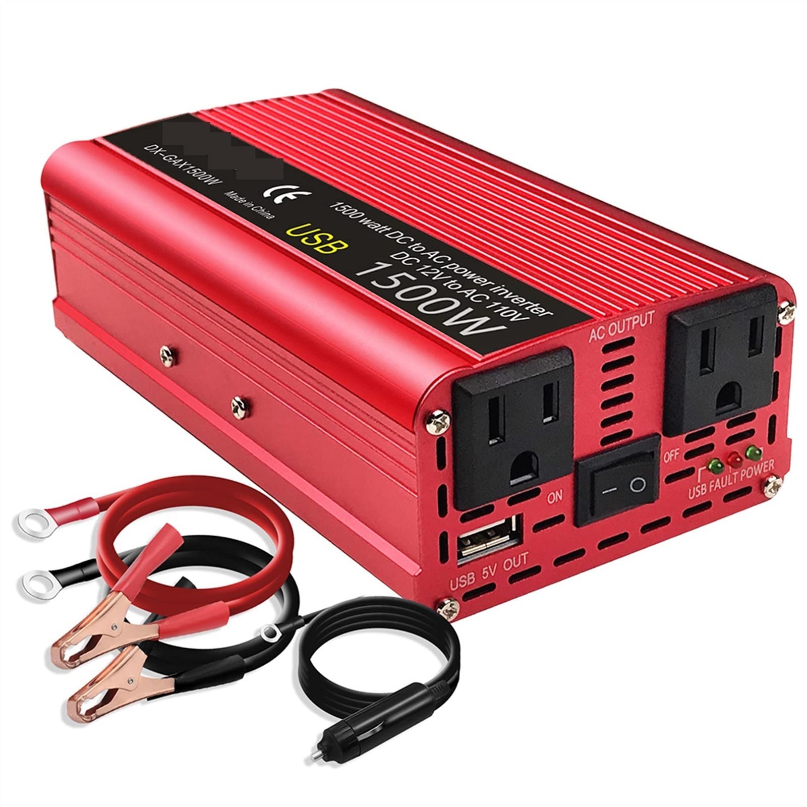 Inversor de Coche 1500W DC 12V a AC 110/220 230 Dual 3.1A Convertidor de Adaptador de Carga USB Inversor de energía Solar Universal