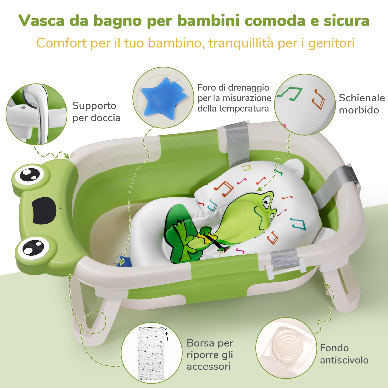 DEANIC Vaschetta Bagnetto Neonato Con Cuscino, Riduttore Da 0-24 Mesi, Appendibile Pieghevole Salvaspazio (Verde)