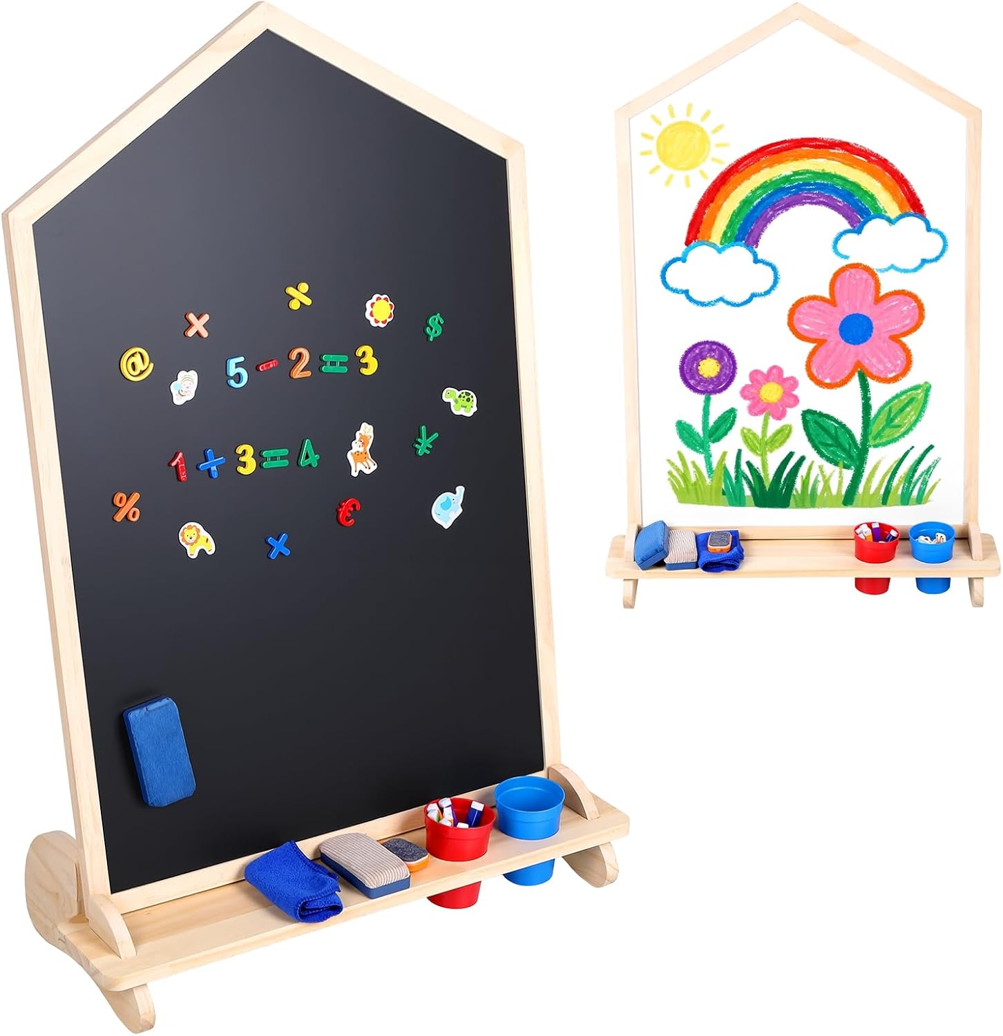 House Shaped Double-Sided Magnetic Drawing Board, Stand Up Boards with Spacious Storage Tray, Freestanding & Wall Mountable Board for Home, Classroom, Playroom Large