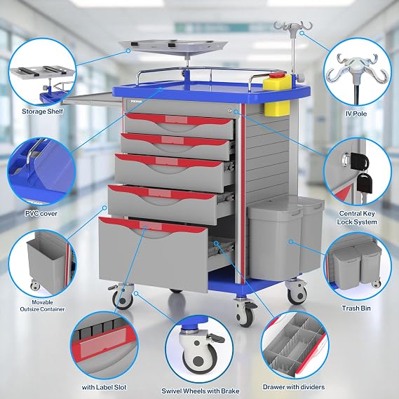 Levida Medical Crash Cart with Wheels and 5 Locking Drawers for Hospitals