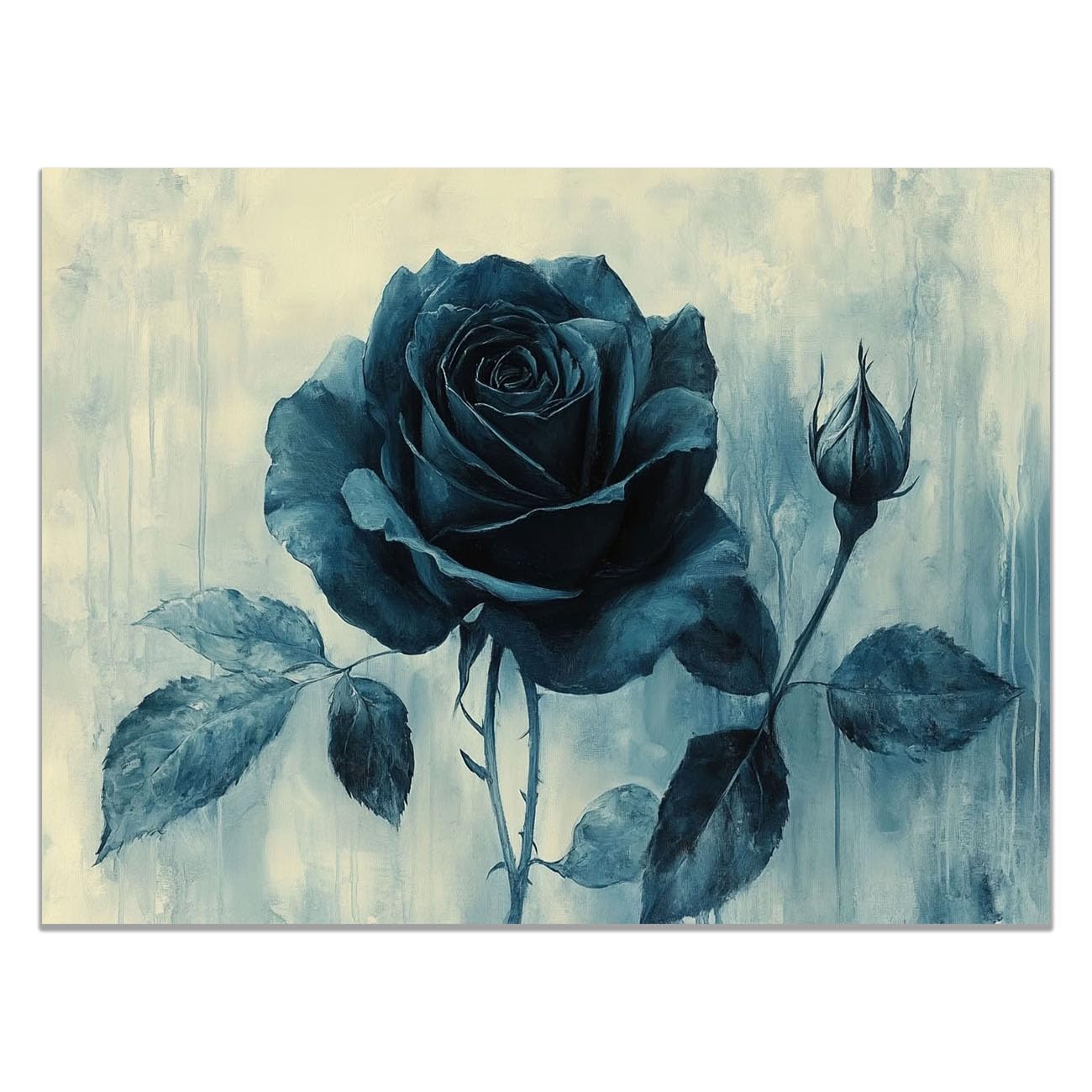 QUSAAOU Wall Art For Hallway And Stairs Monochrome Blue Rose Flower Bud Hand Drawn Work Morden Livingroom Wall Decor Nature Pictures For Bedroom Kitchen Corridor Office Decor -60x90cm Unframed