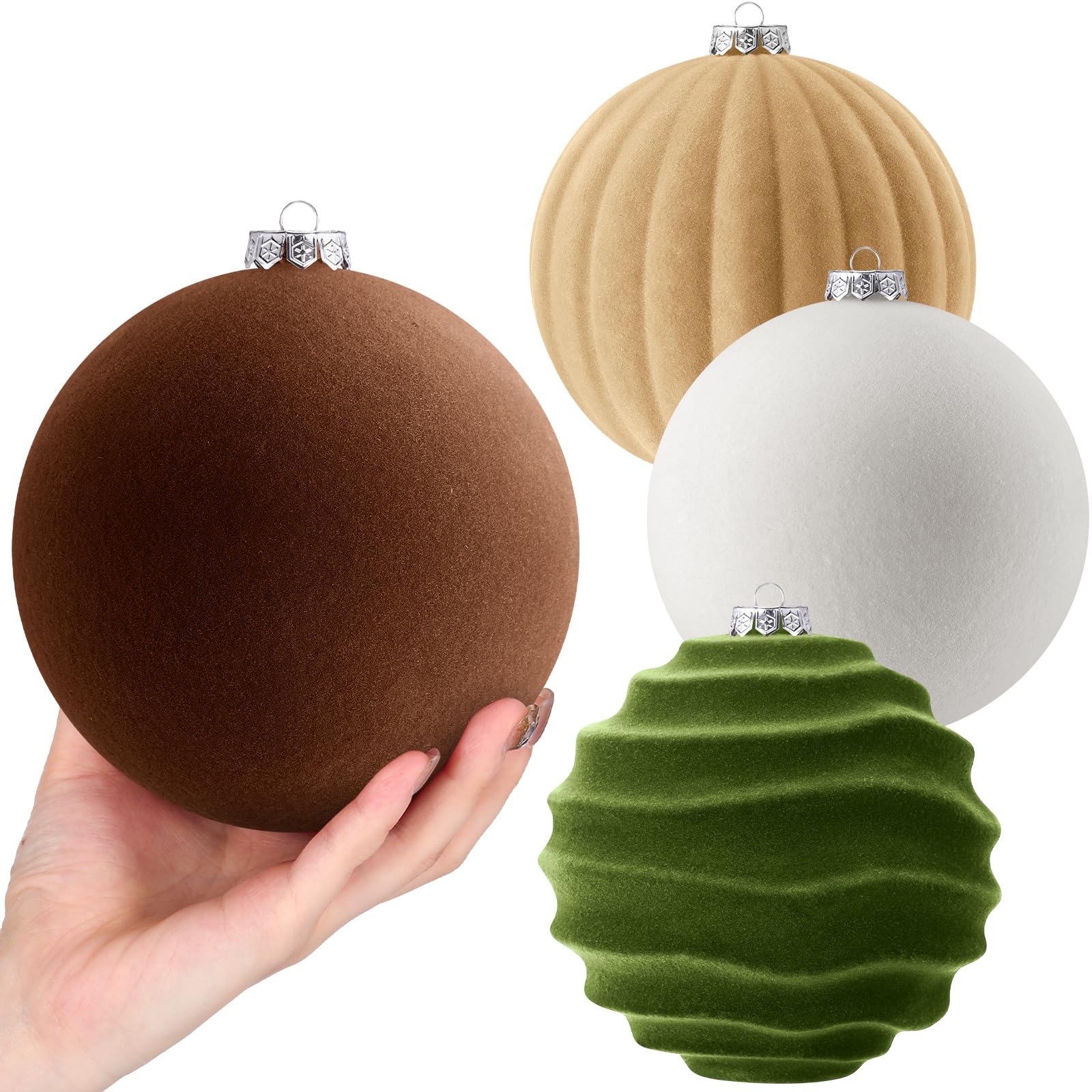 Syhood 4 bolas de Navidad de terciopelo neutro de 6 pulgadas, grandes esferas de adorno de terciopelo, decoraciones de árbol de Navidad, adornos flocados colgantes para árbol de Navidad, guirnalda del