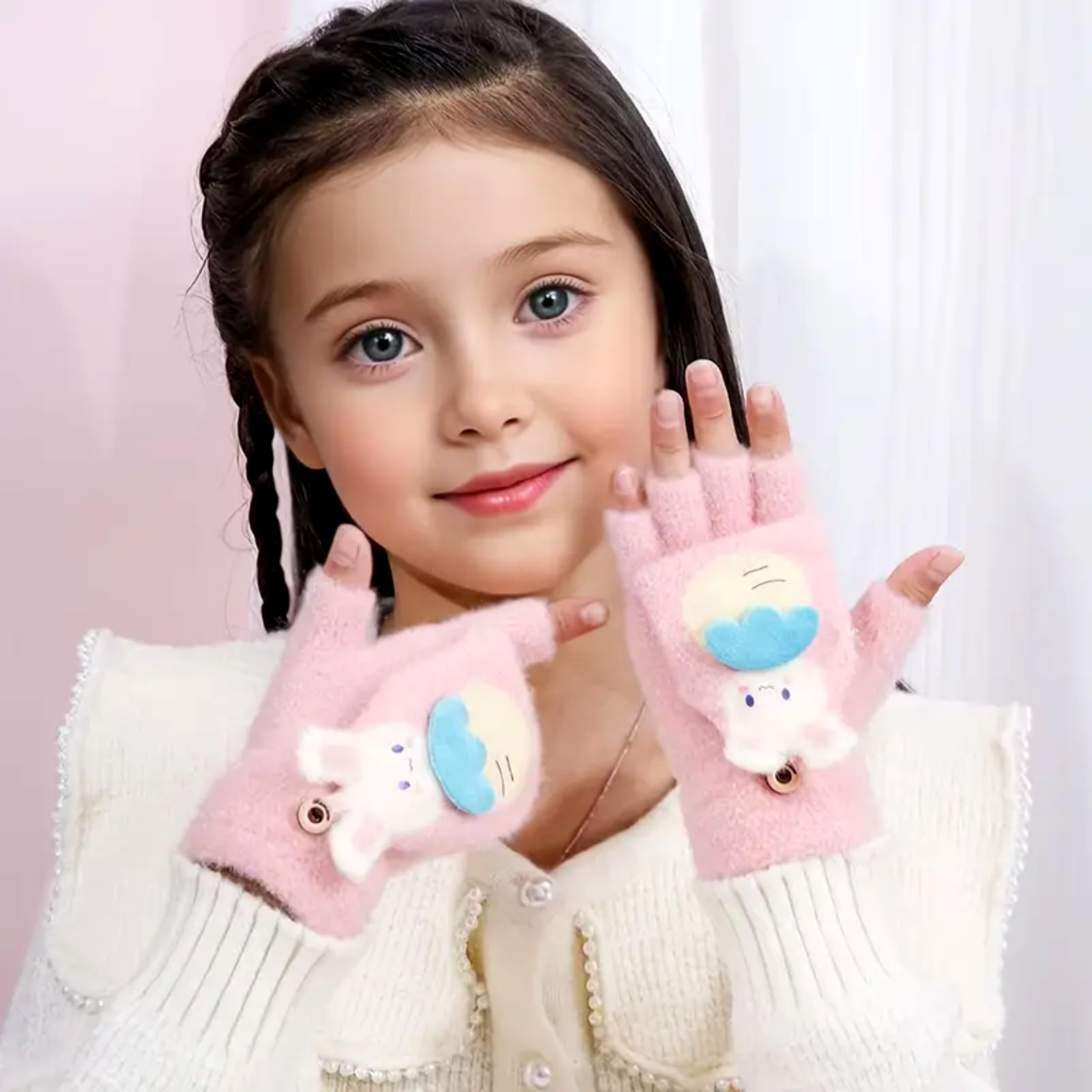 Khwaish Store Girl's Winter Soft Plush Cute Bunny Design Carrot Half Finger Gloves Mittens Soft Warm Over Flip Five-Finger for Toddlers Kids (2, Multicolor, 3-4 Years) - Image 9 thumbnail