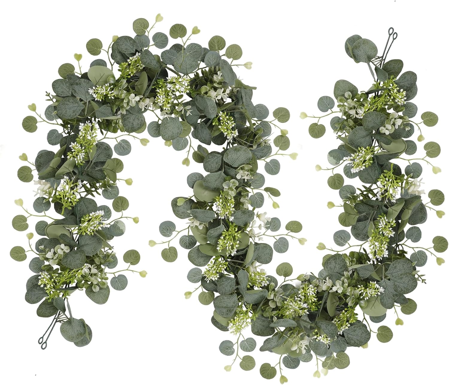 SOMYTING 2Packs 5.7FT Eucalyptus Garland Faux Silver Dollar Eucalyptus Leaves Greenery Artificial Garland Artificial Faux Greenery Vines for Wedding Party Arch Table Runner Room Home Mantle Decor