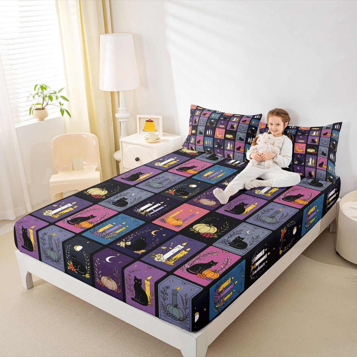 Castle Fairy Grid Black Cat Fitted Sheet Twin Size Vintage Tarot Card Bedding Set 2Pcs Candle Moon Boho Bed Sheet for Kids Boys Girls Teens Room Decor Purple Black,Deep Pocket Sheet(No Flat)