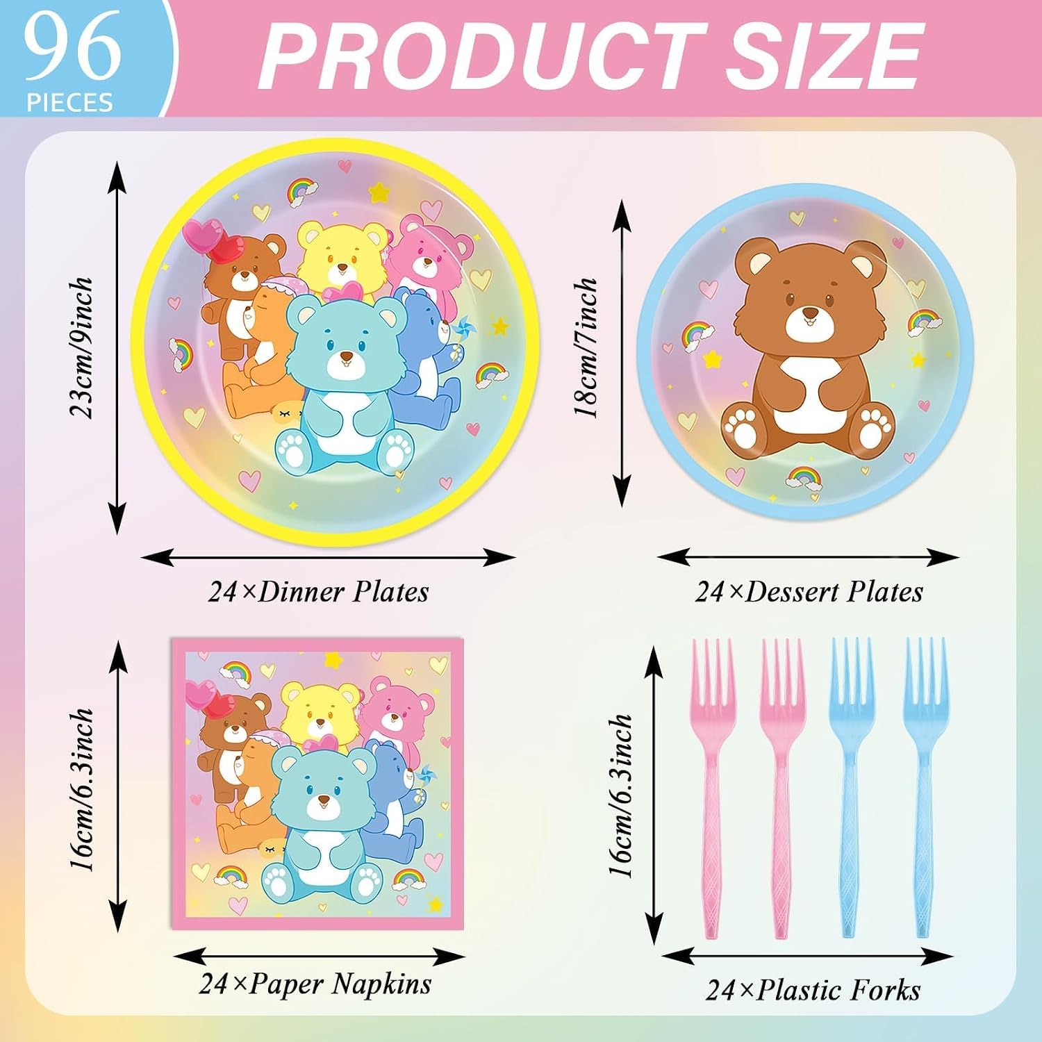 96Pcs Cute Bear Birthday Party Plates and Napkins Bear Rainbow Party Decorations Pastel Bears Theme Supplies Cute Bears Theme Paper Dessert Plates Tableware Set for Kids Boy Girl Baby Shower 24 Guests image 2