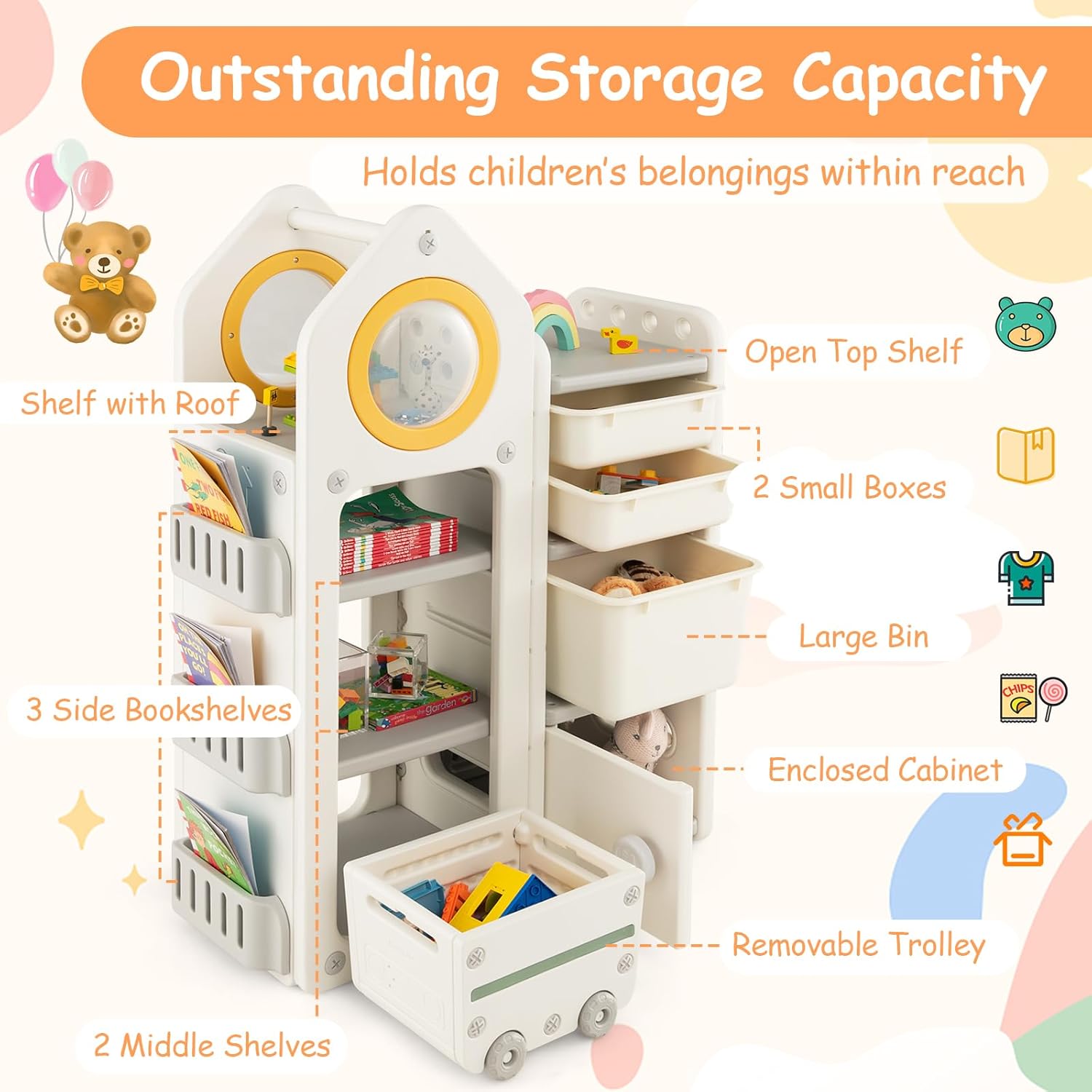 Costzon Kids Toy Storage Organizer and Bookshelf, Multipurpose Shelf with Removable Storage Bins & Cabinet, Side Bookshelves, Toy Shelf for Kids Bedroom, Playroom, Nursery, School - Image 4