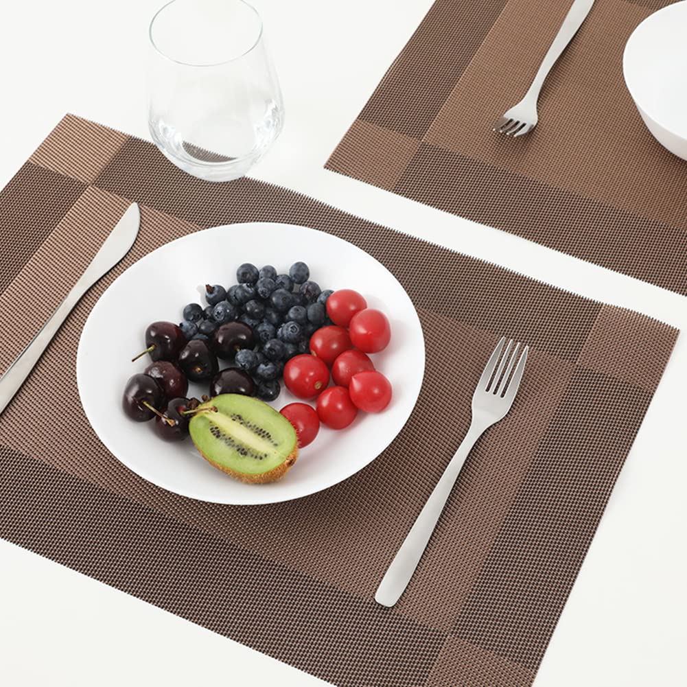 Xmkuwa Placemats, Washable PVC Table Mats, Woven Vinyl Placemat for Dining Table Place Mats Set (6 Placemats and 1 Table Runner, Brown) - Image 4